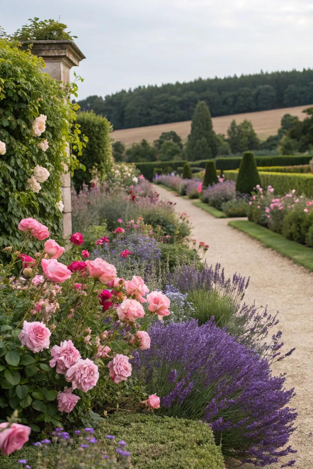 Lush flower borders beautifully frame a delightful tea garden.