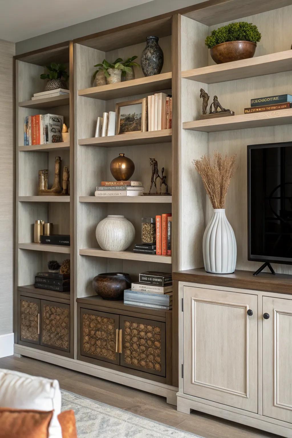 A media center that features open shelving with a variety of decorative items.