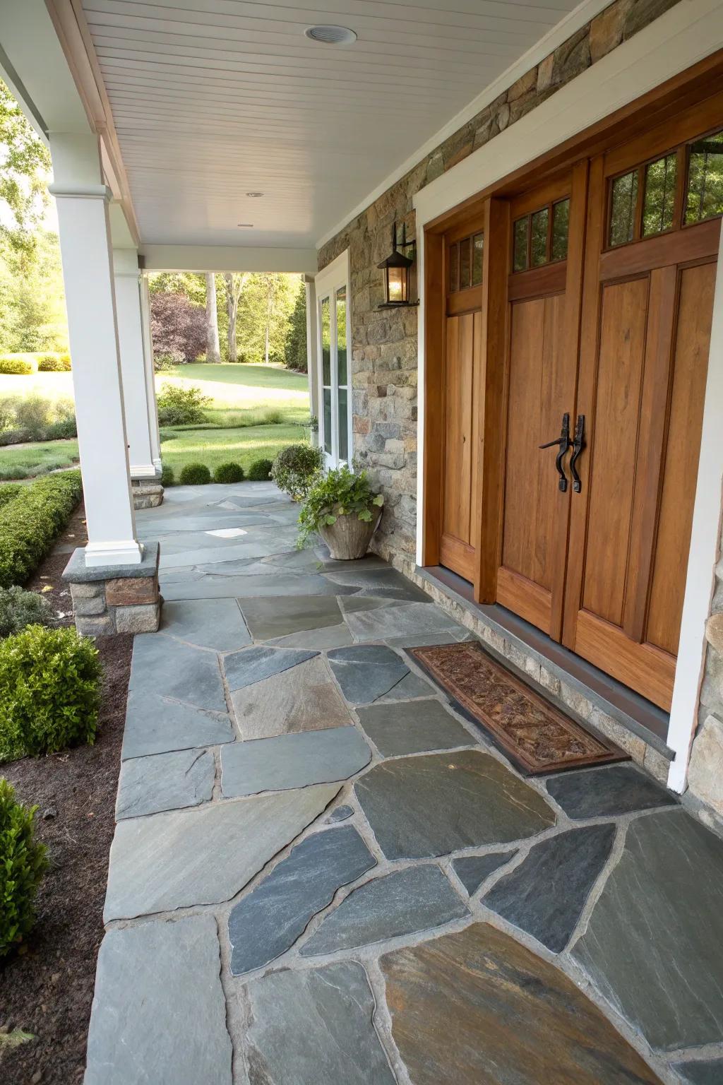 A front porch showcases a delightful mix of stone textures, crafting a visually arresting entryway.