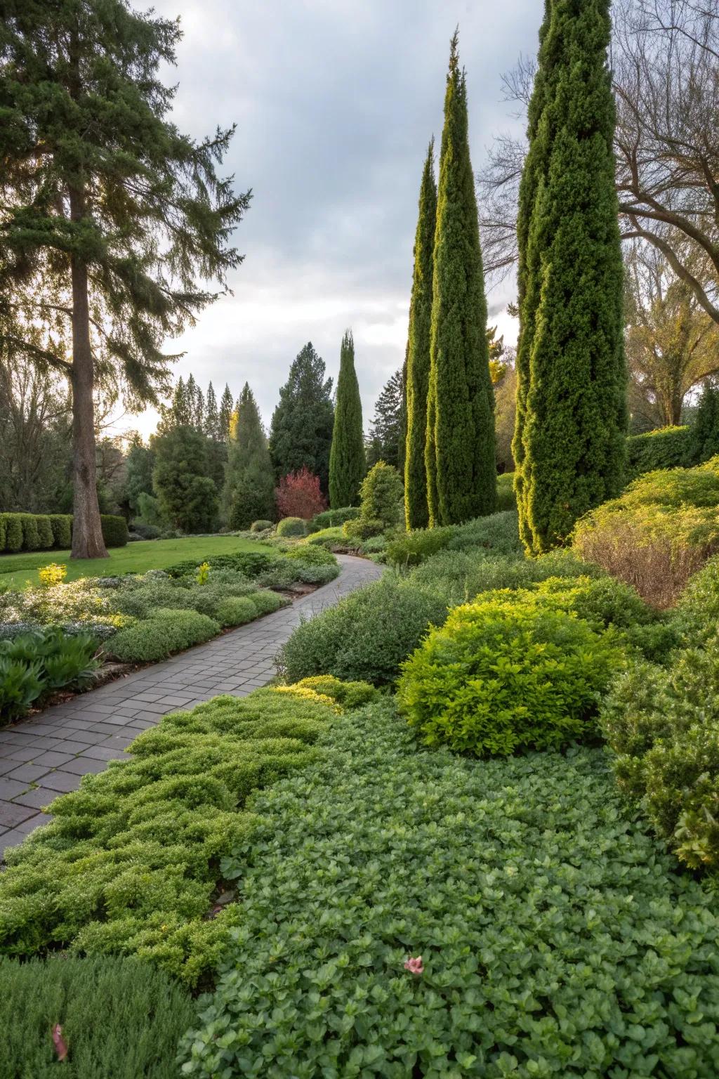 A garden blending soft groundcover with taller evergreen shrubs.
