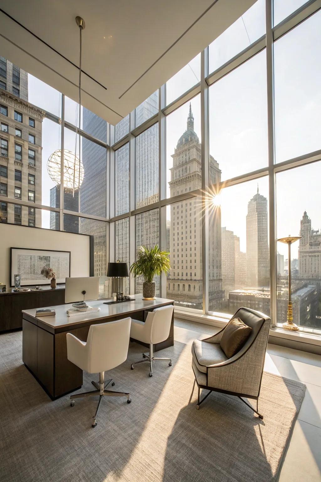 An executive office saturated with natural light, underscoring its minimalist design.