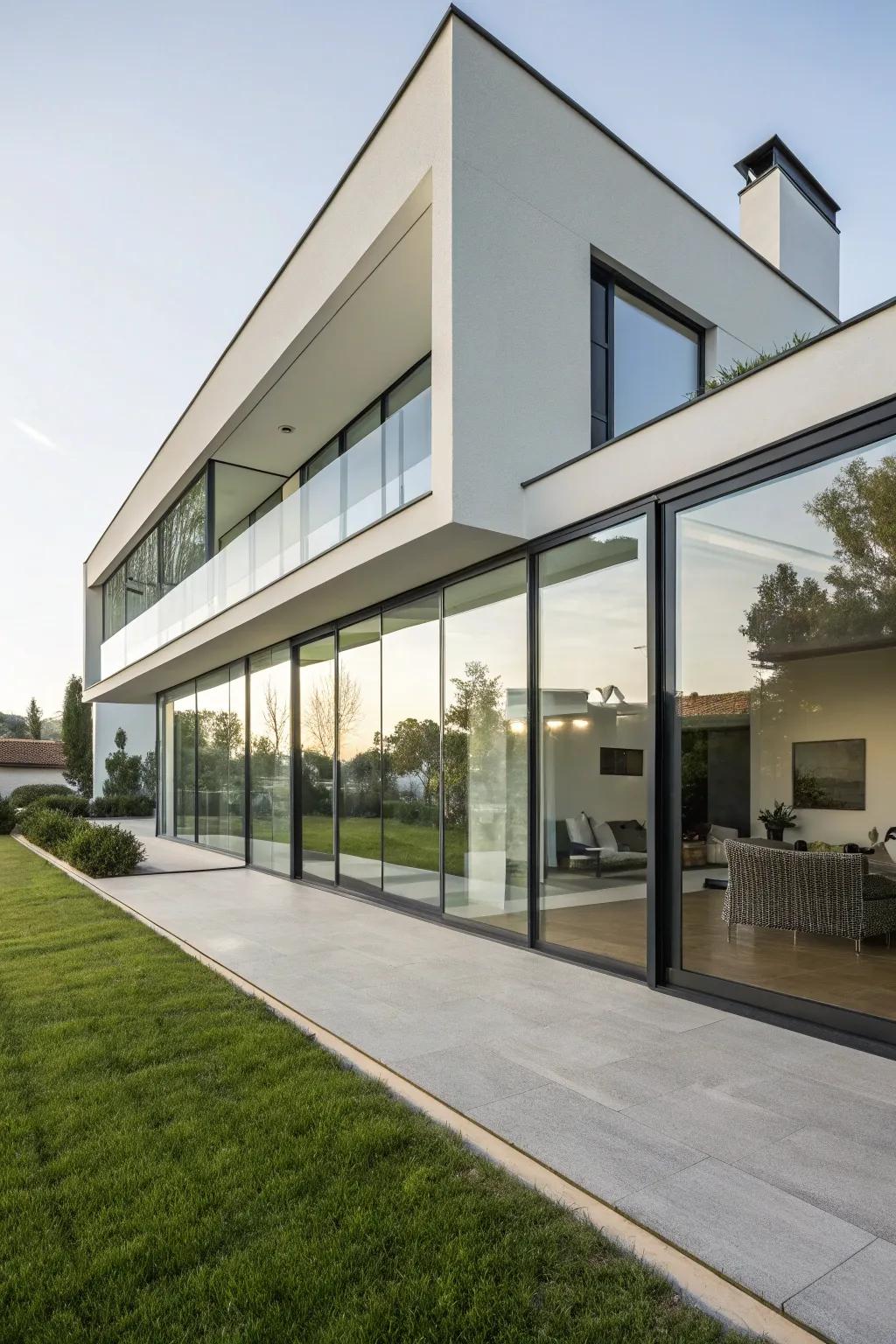A refined, modern home facade featuring broad windows.