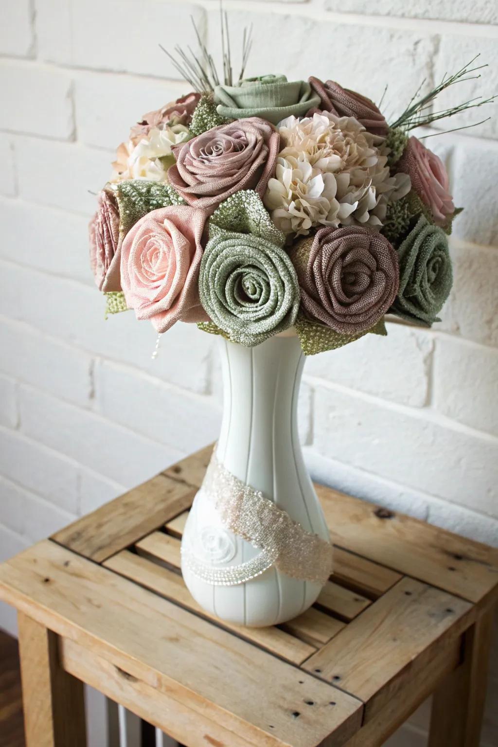 Welcome sentimentality with a classic textile flower arrangement, a flawless fusion of sophistication and simplicity.