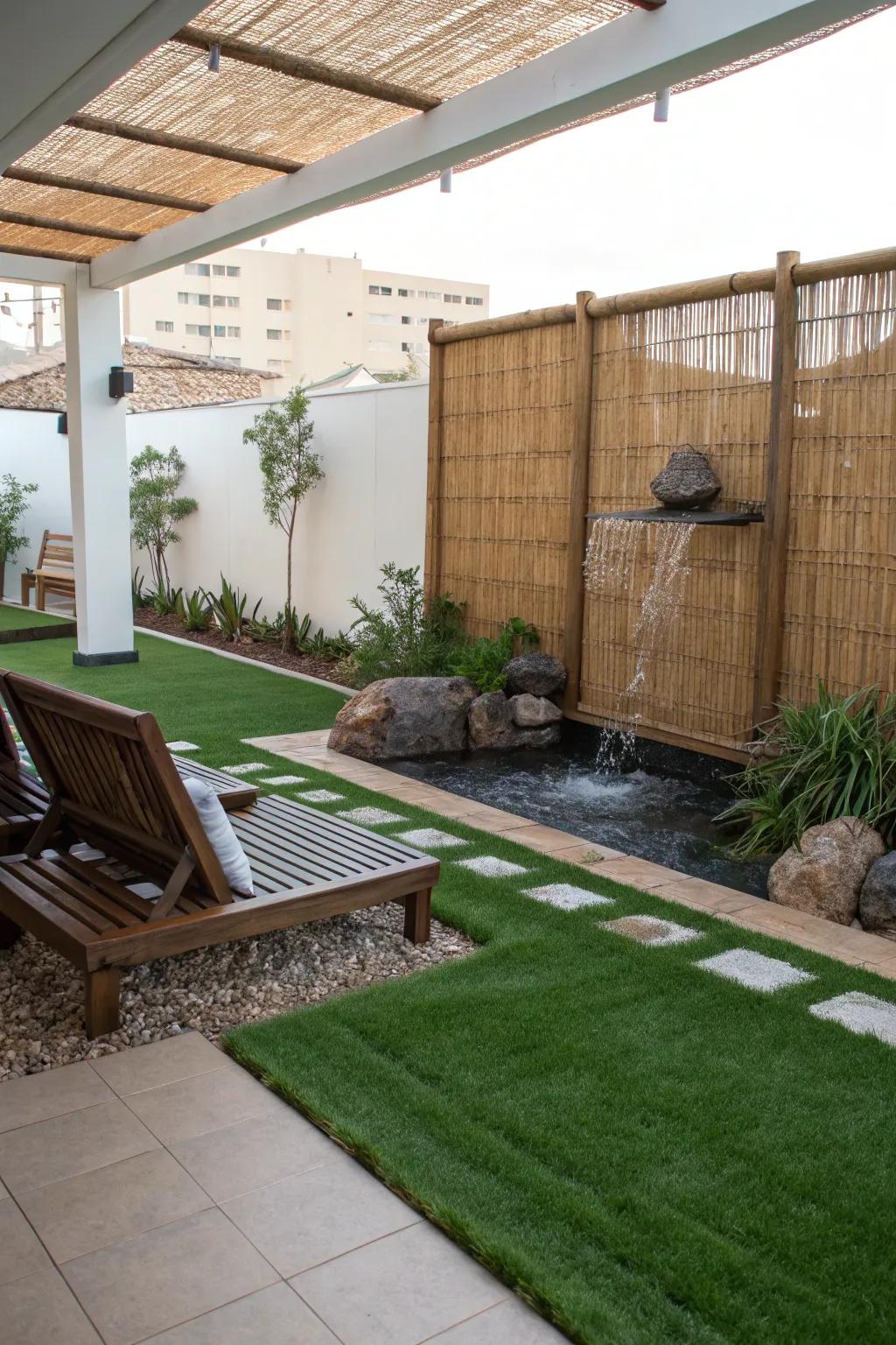 A Zen-inspired patio with artificial grass and calming features.