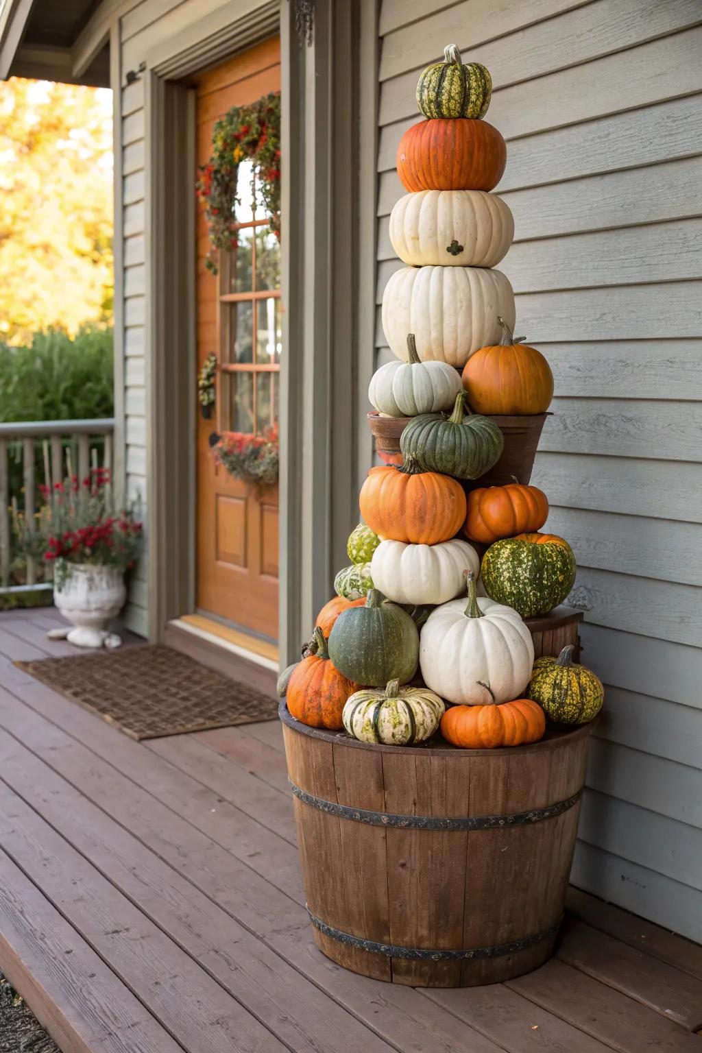 A stacked pumpkin tower adds height and interest to your fall decor.