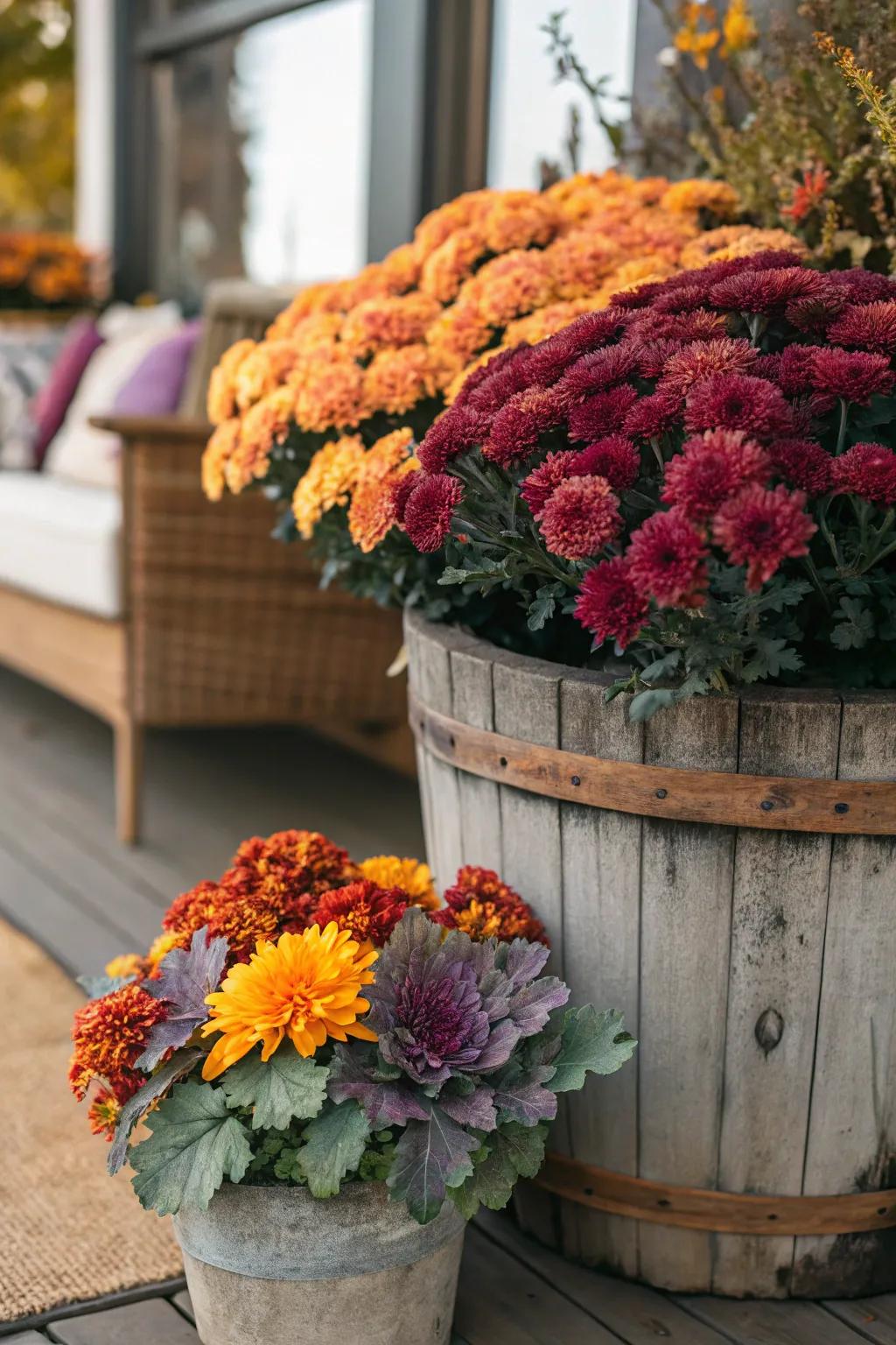 Brighten your outdoor space with a mix of mums and ornamental kale.