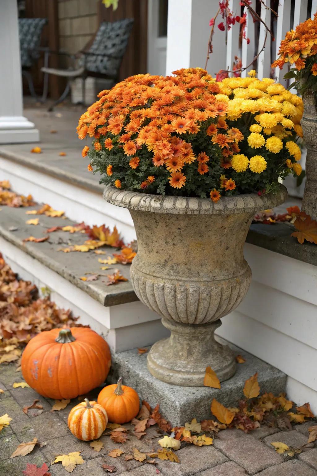 A classic pairing of gourds and blooms in an autumn container display.