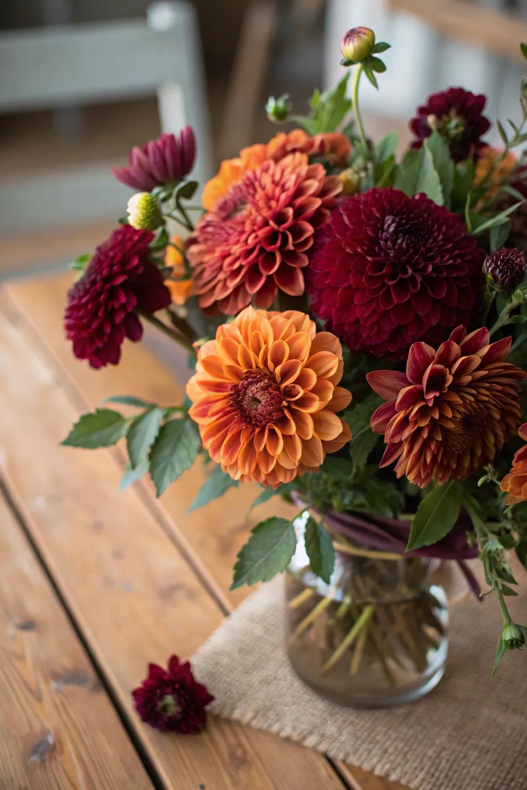 Dahlias bring bold color and drama to fall wedding bouquets.
