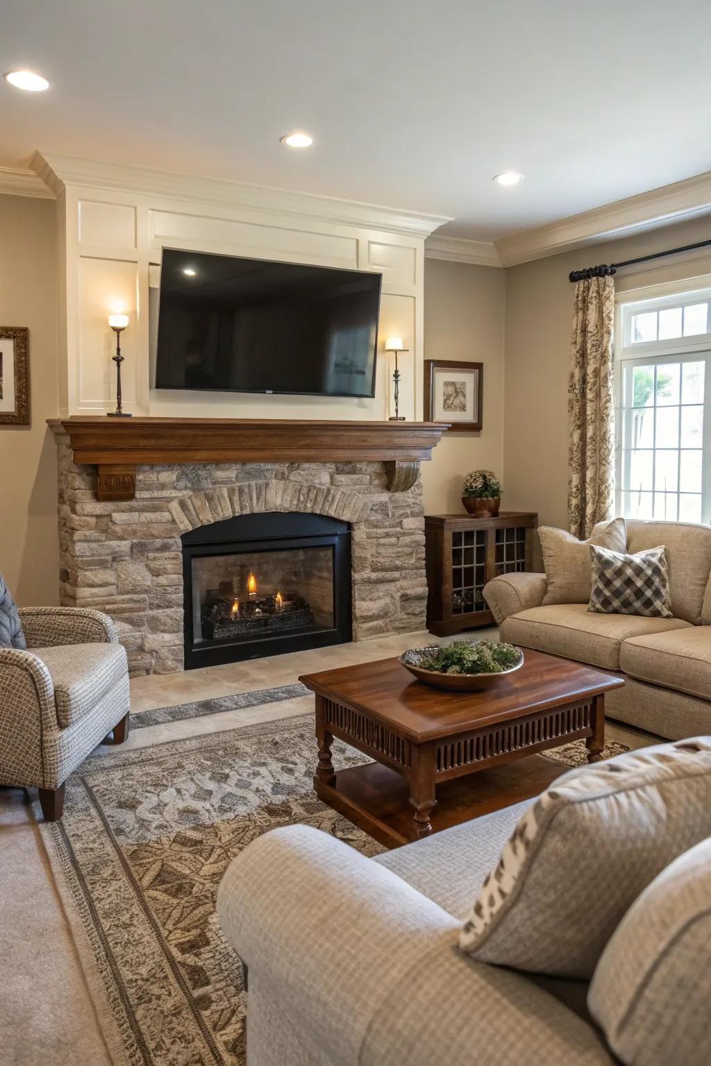 A family space showcasing a TV installed above a comfortable fireplace.