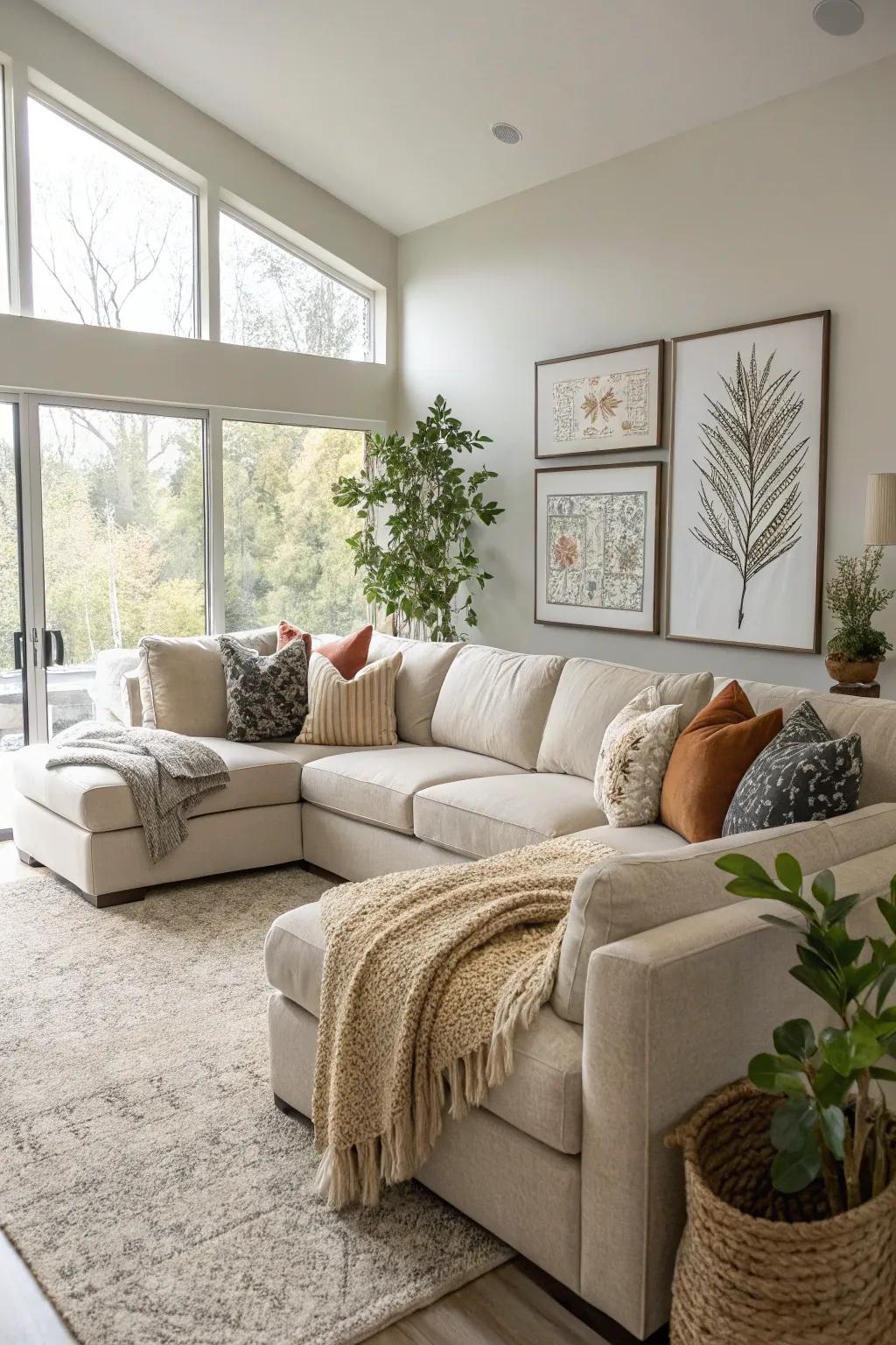 A sprawling family room that features a welcoming sectional sofa as its central piece.