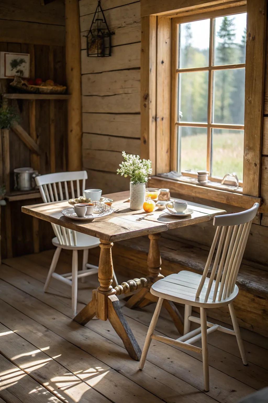 Wooden furniture brings warmth and rustic charm to your breakfast nook.