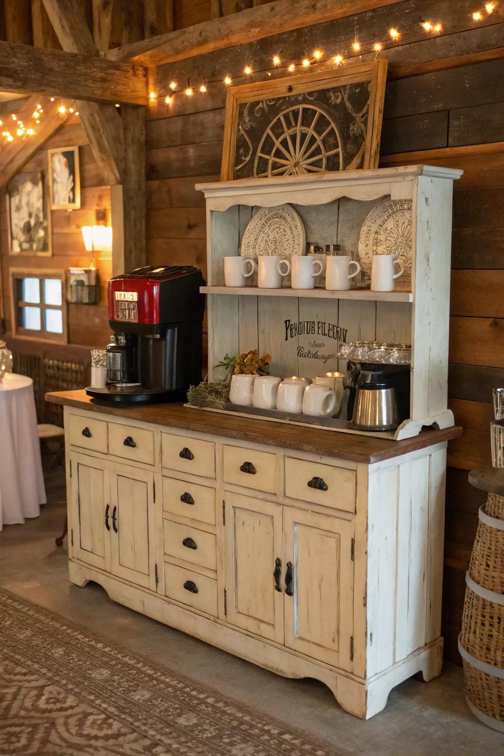 A heritage sideboard transformed into a rustic coffee sanctuary.
