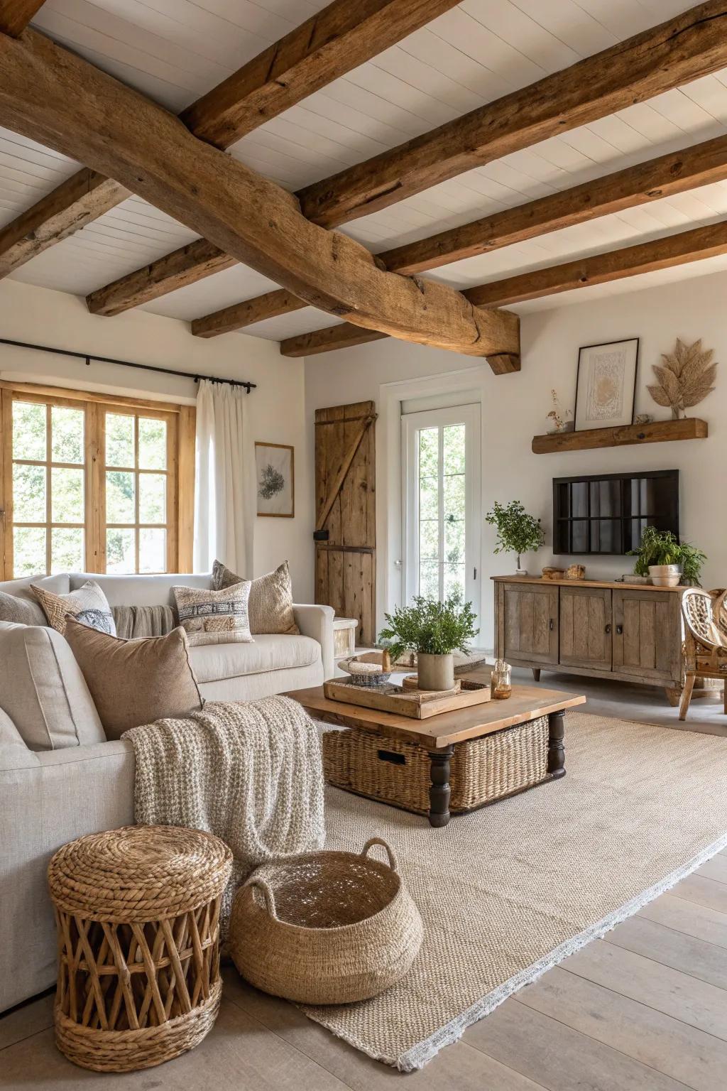 Uncovered timber supports introduce architectural interest to this farmhouse living space.