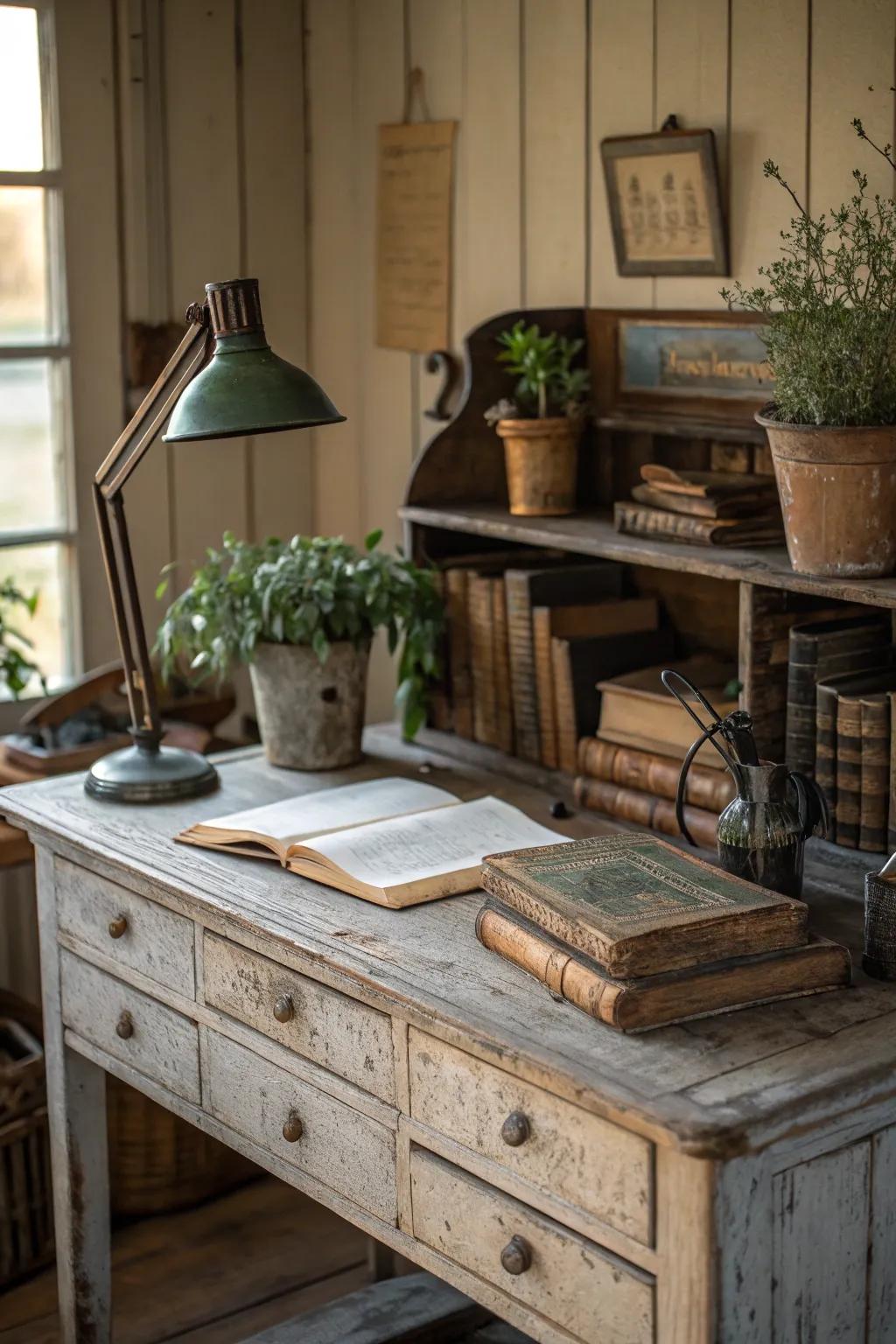 A weathered wood desk infuses a vintage essence into your office.