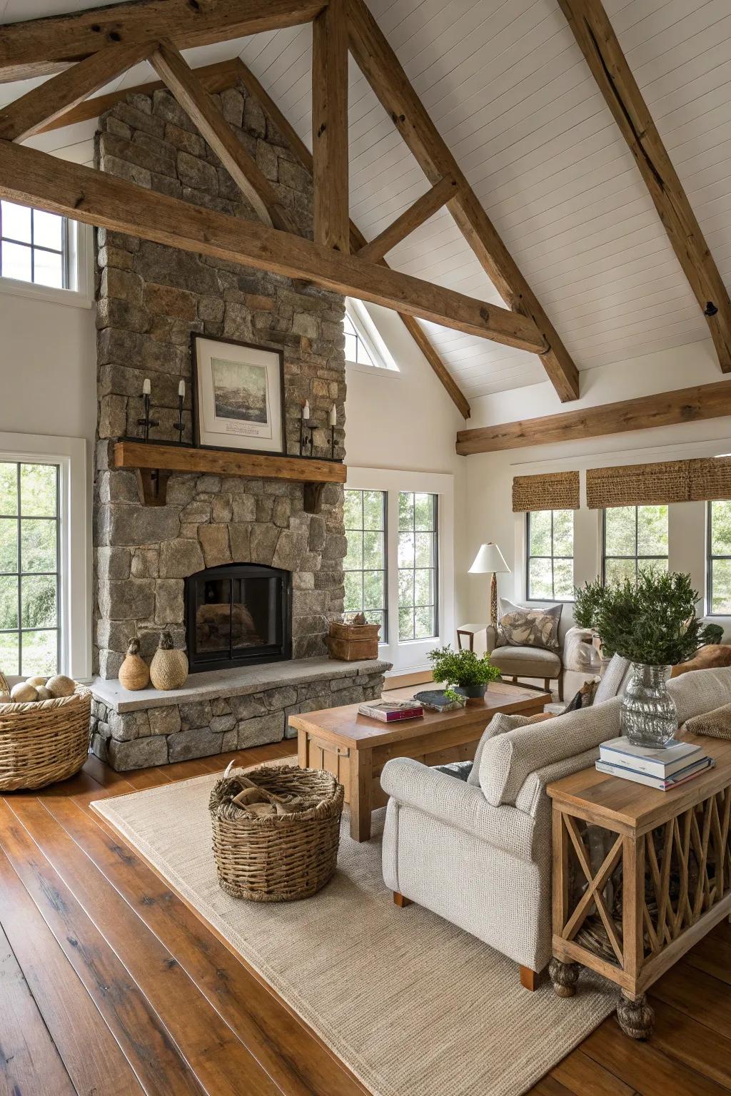 A rustic farmhouse living room with exposed wood beams and a stone fireplace.