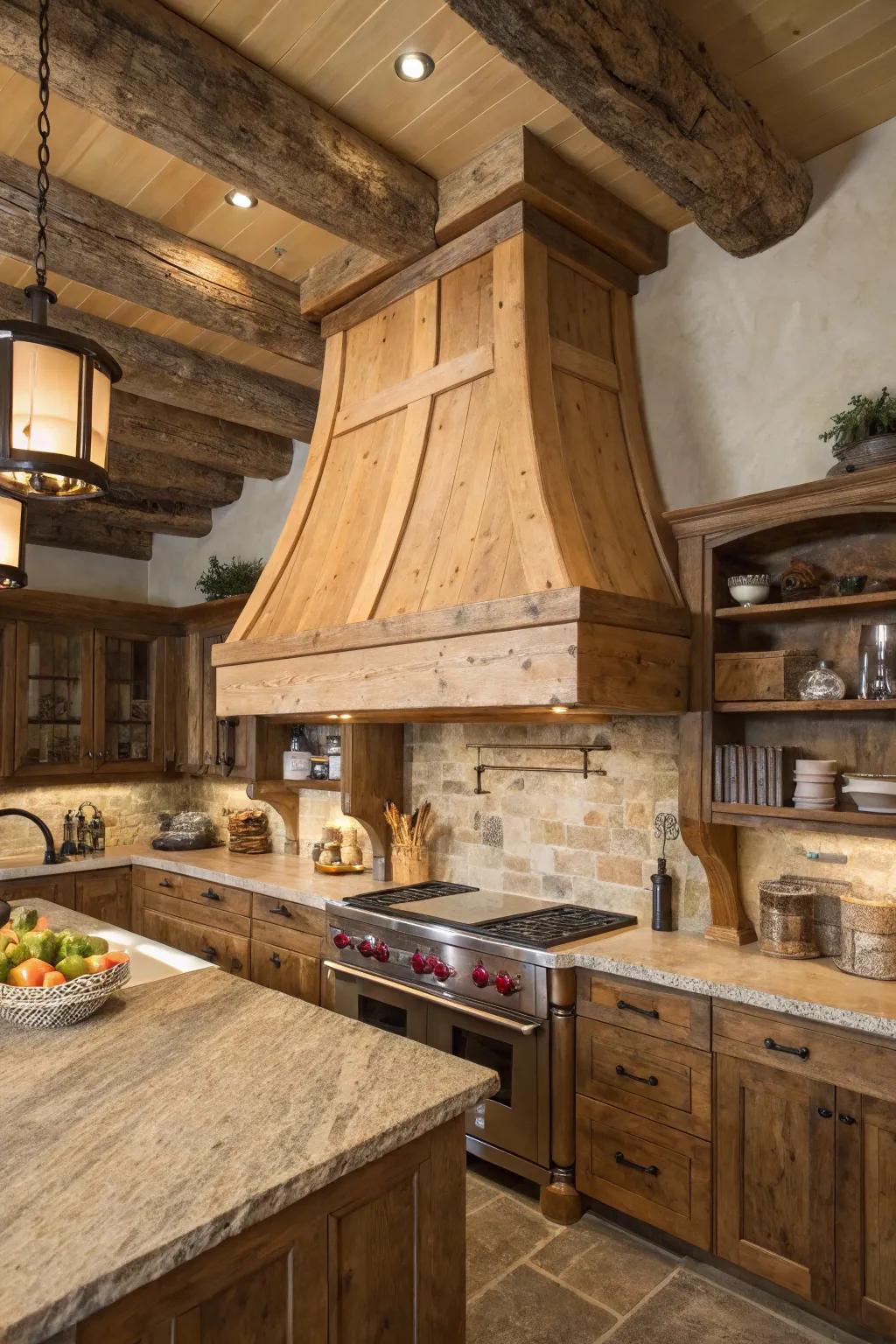 Natural wood grain on a range hood elevates rustic beauty in a kitchen.