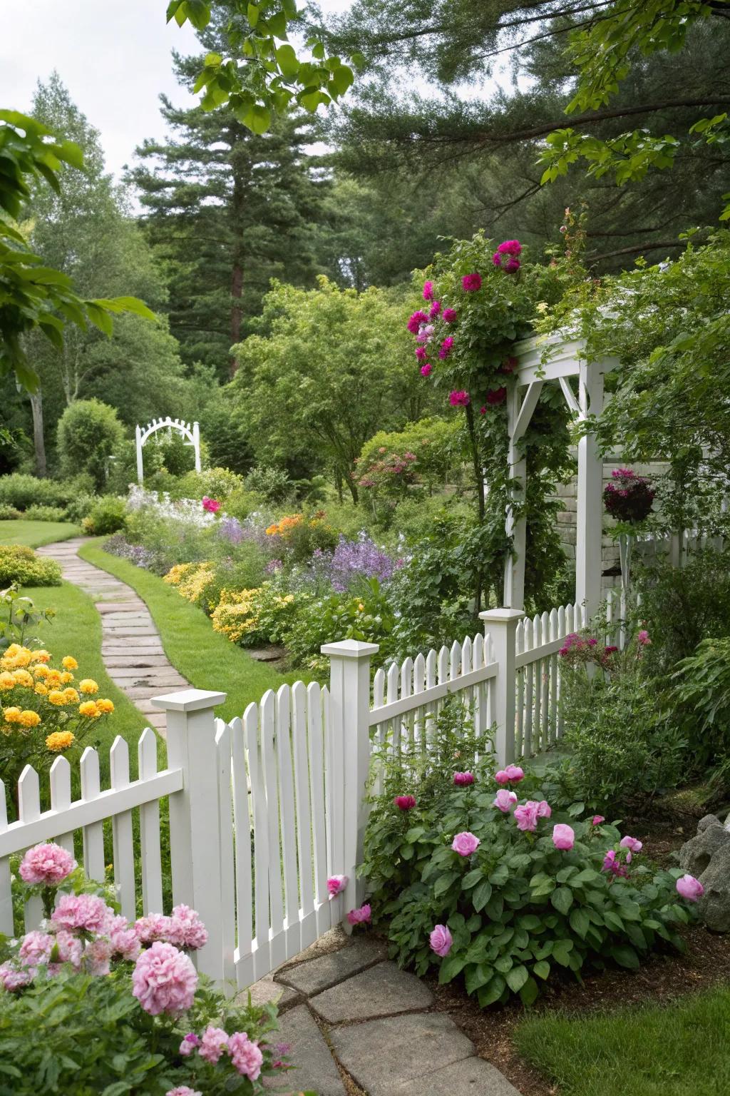 Classic white fences offer a timeless elegance that complements any garden.
