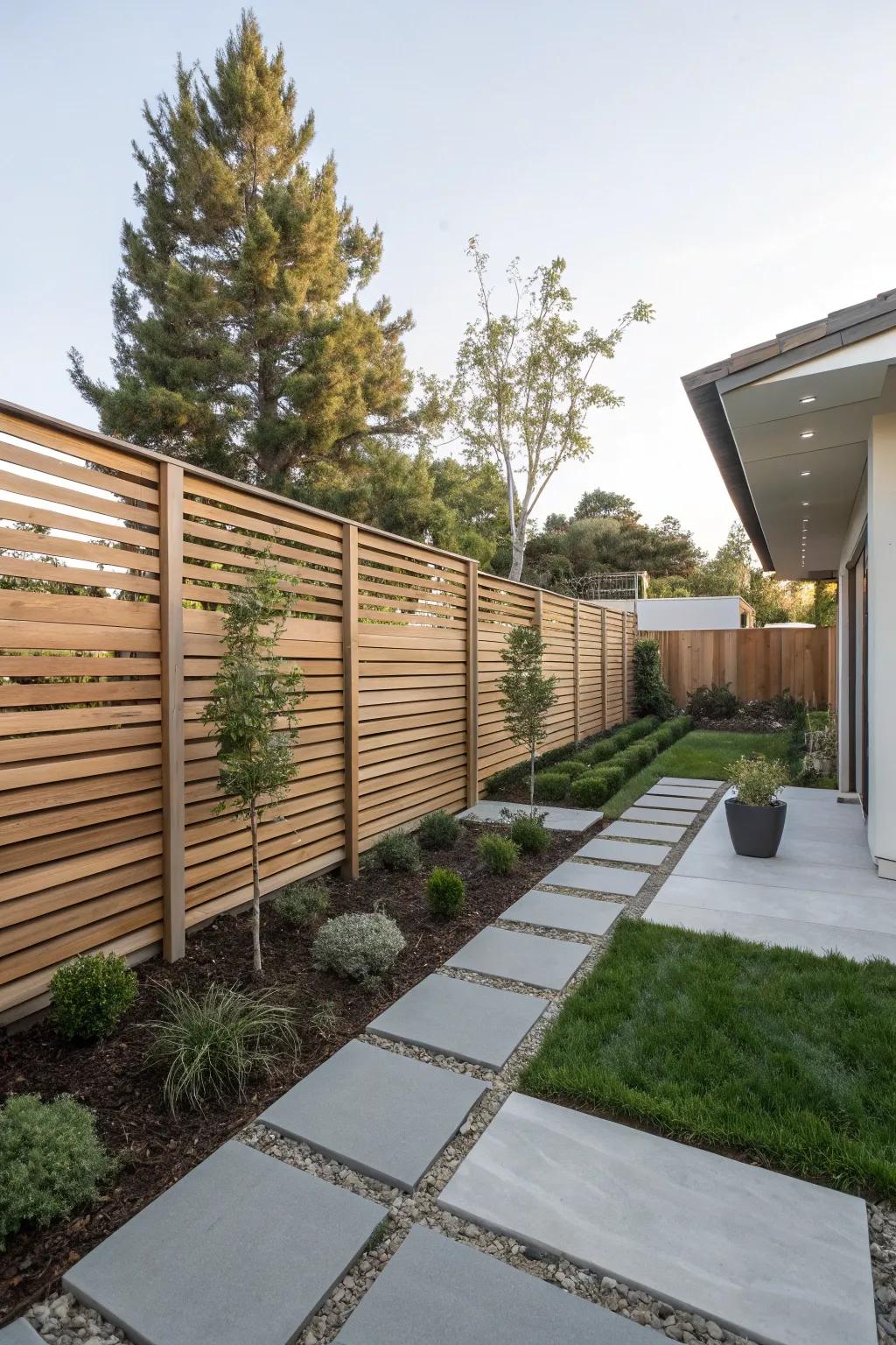 Horizontal wood slat fencing gives a modern feel to any backyard setting.