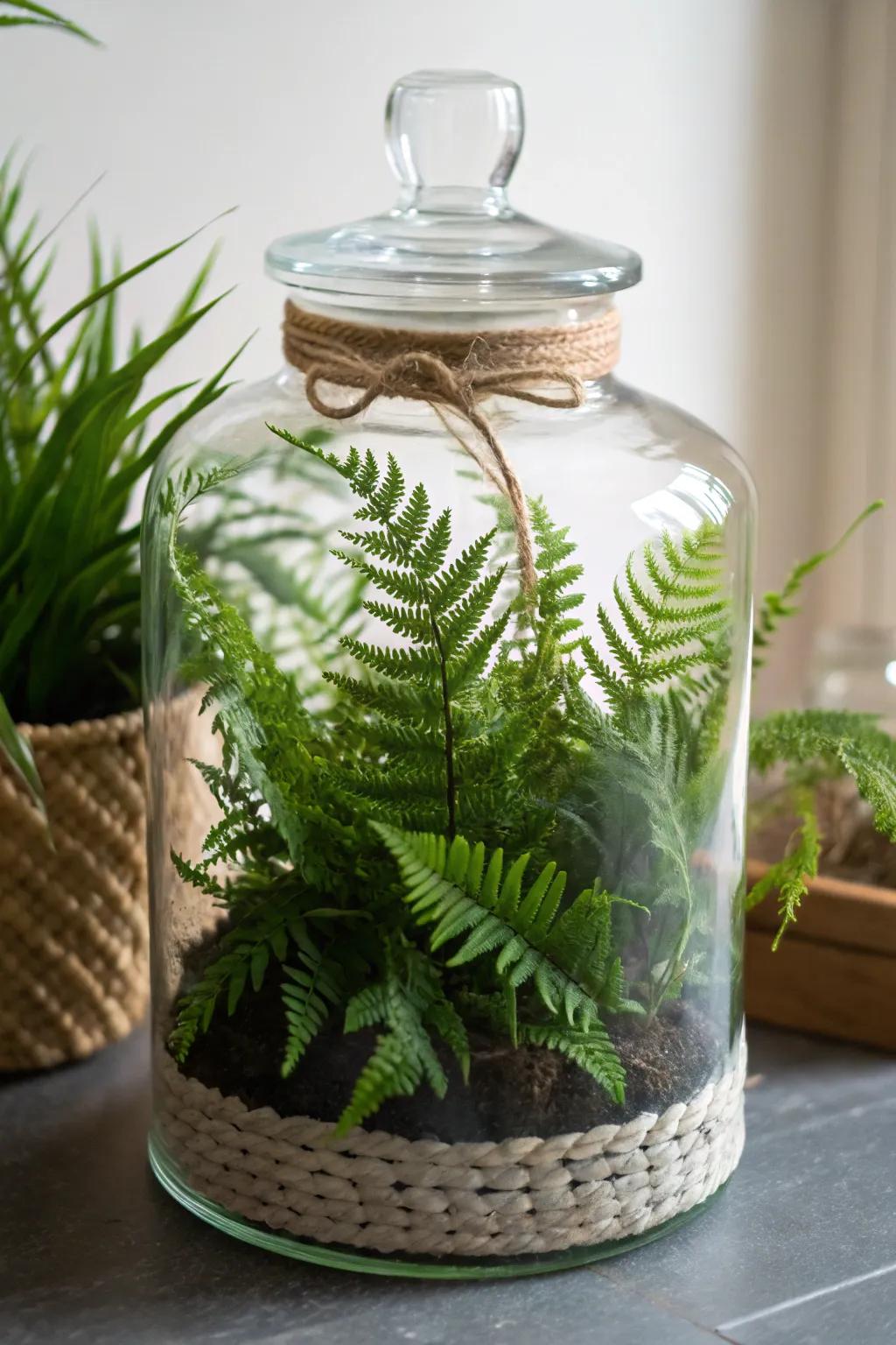 Discover the beauty of simplicity with a classic glass jar fern terrarium, where nature meets minimalist elegance.