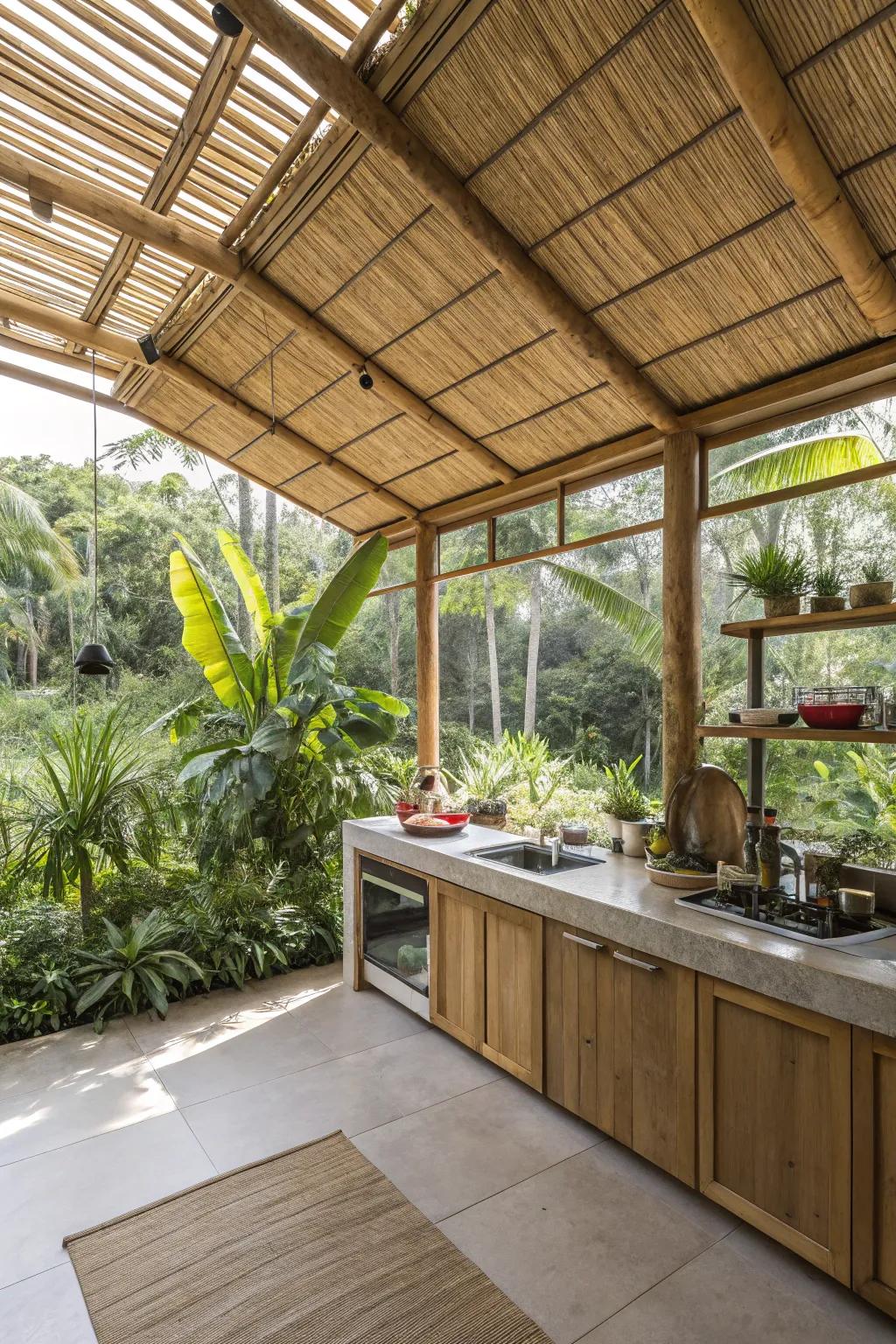 An open-air kitchen design that brings the outdoors in, ideal for tropical climates.