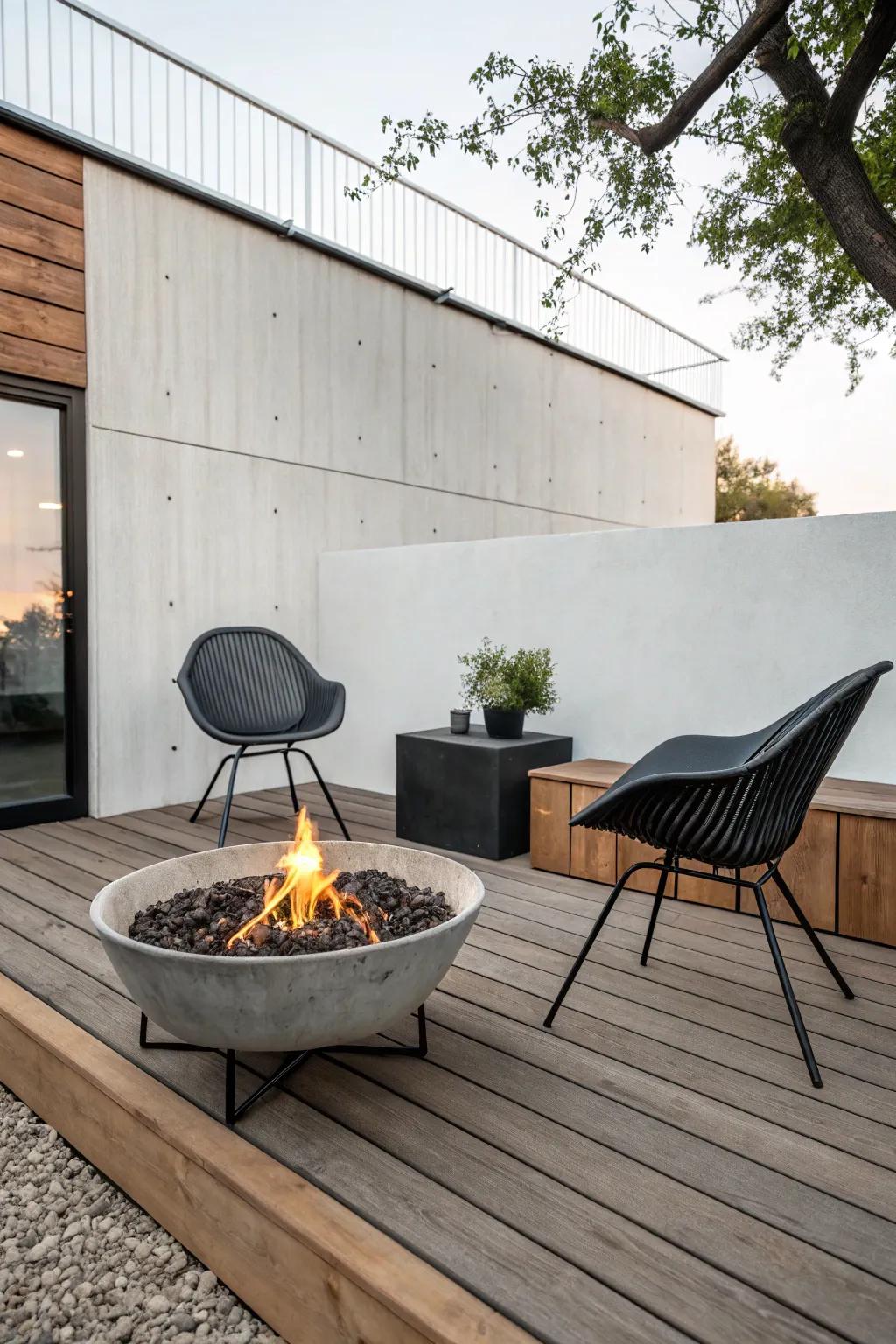 A modern minimalist fire pit setting featuring streamlined outdoor furniture.