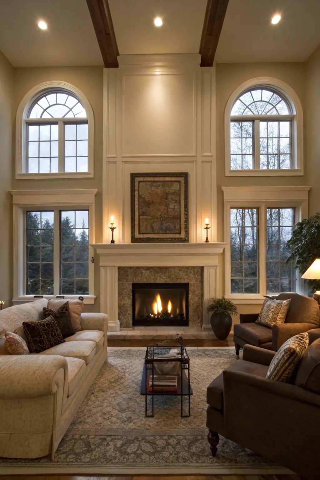 Symmetry in design creates a calming space with a fireplace as the centerpiece.
