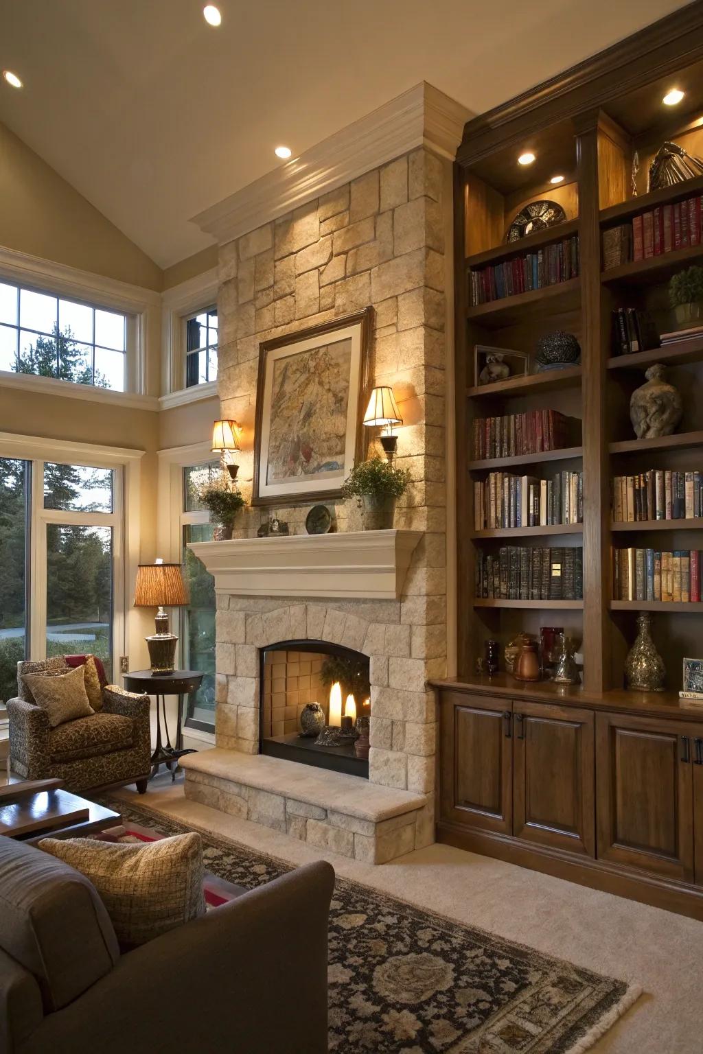 Built-in shelves around the fireplace create a sophisticated and functional display area.