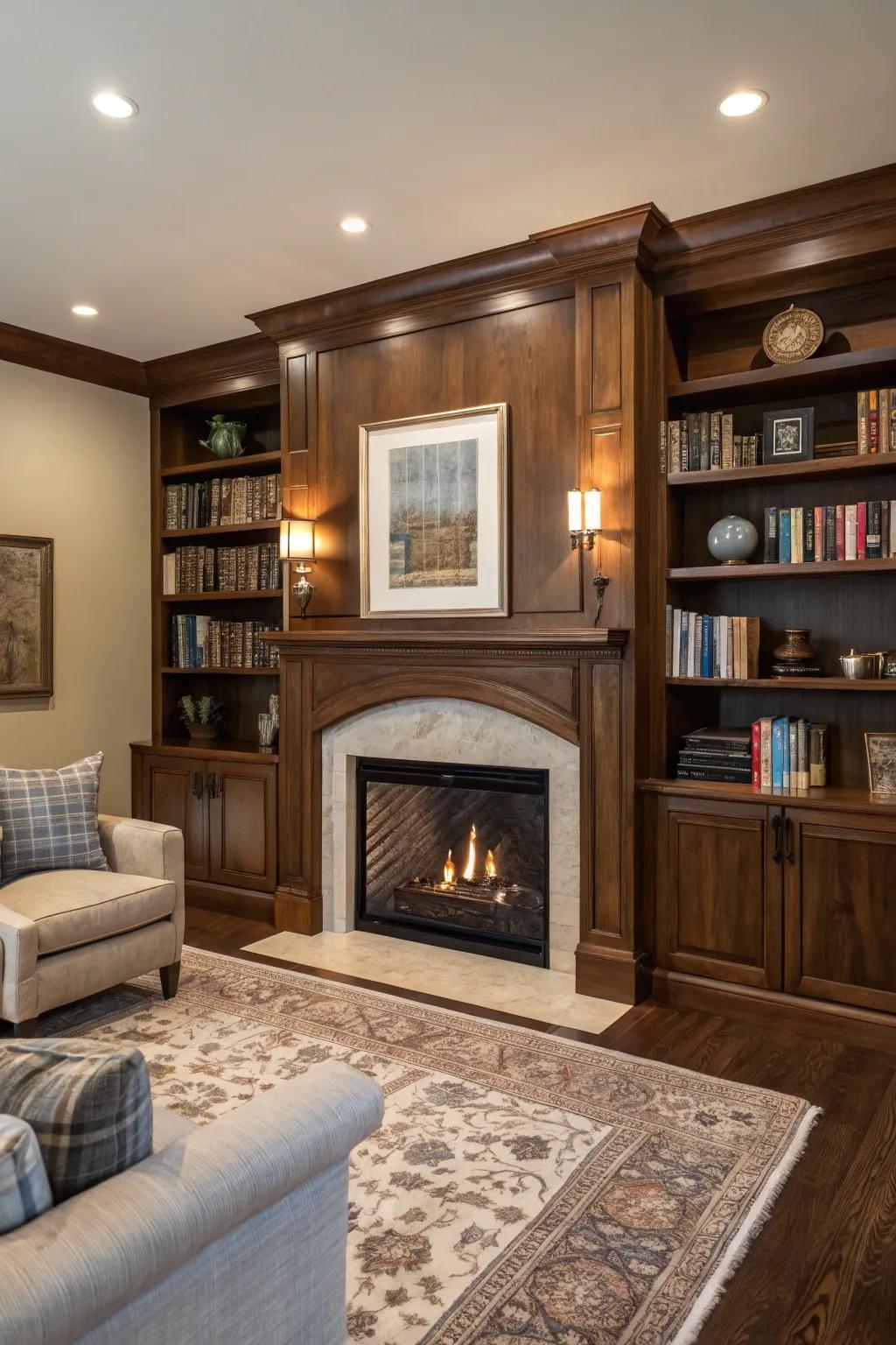 Incorporate built-in shelving for a cohesive and functional fireplace design.