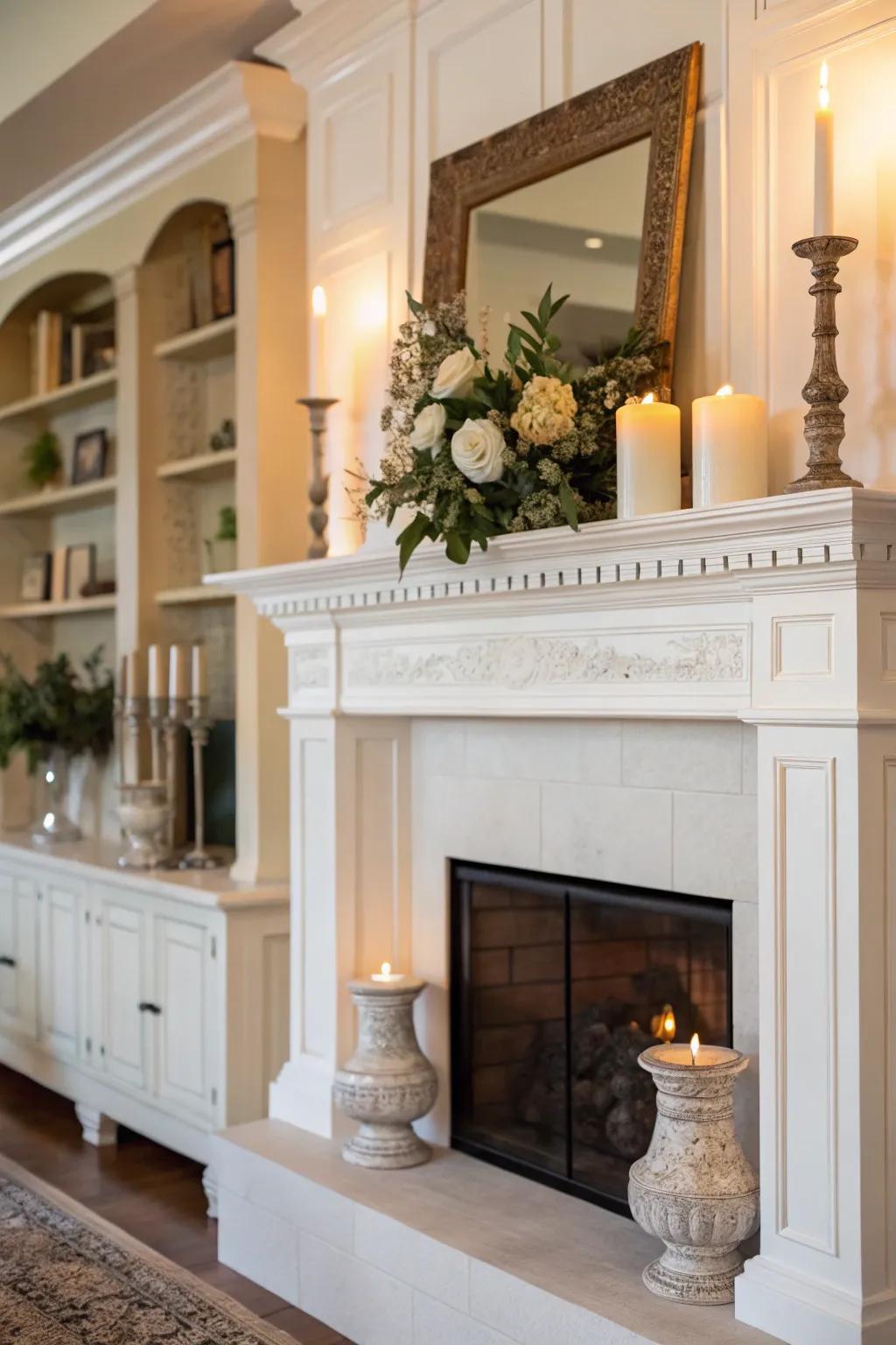 A fireplace styled with traditional white millwork, evoking a sense of timeless beauty and refinement.