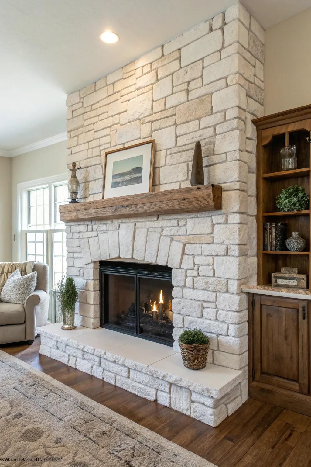 Rock and brick join together to make a timeless fireplace design.