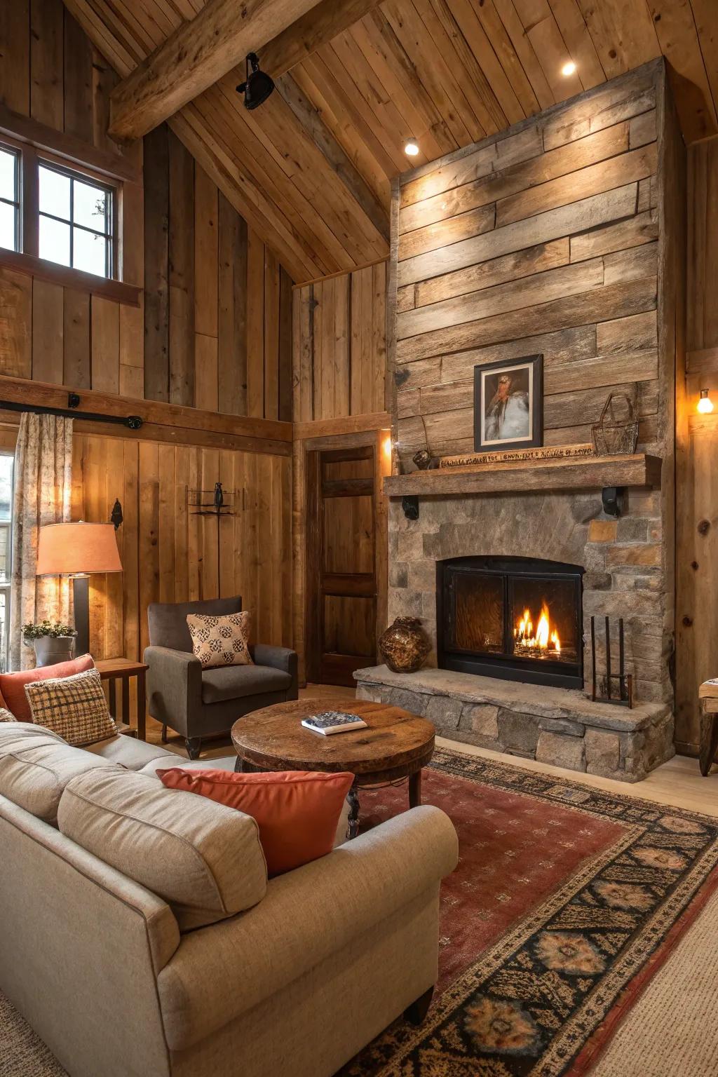 Imagine a rustic living room where the fireplace is clad in reclaimed wood, creating a super cozy atmosphere.