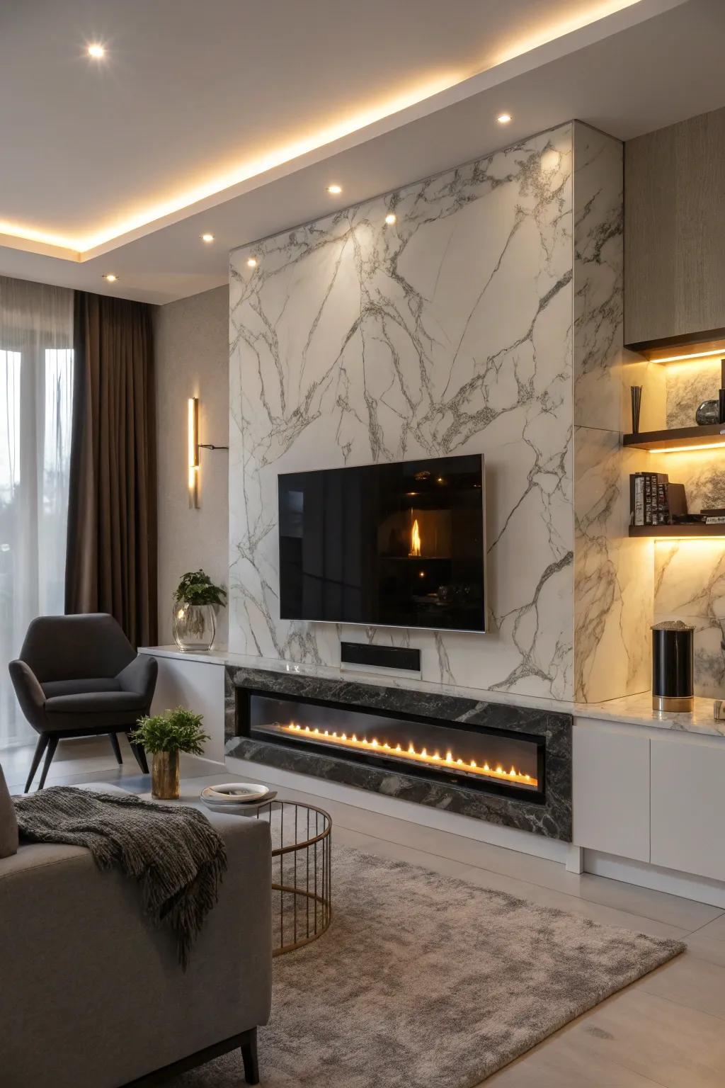 A modern family room showcasing a stone fireplace wall with an integrated TV.