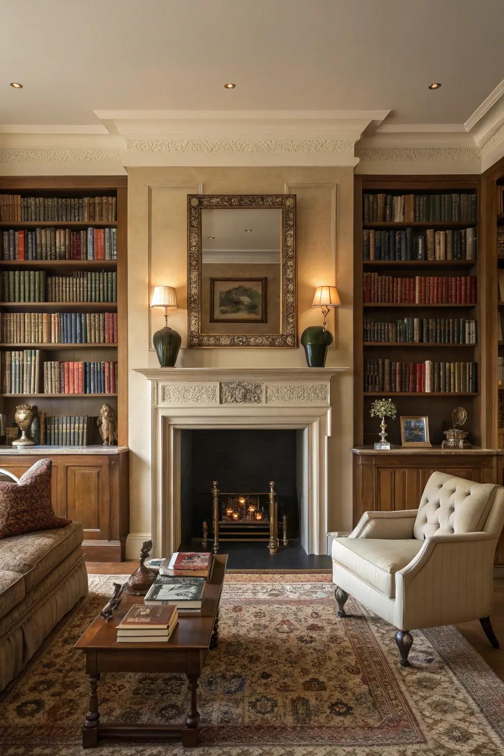 A perfectly balanced setup with symmetrical bookshelves framing the fireplace.