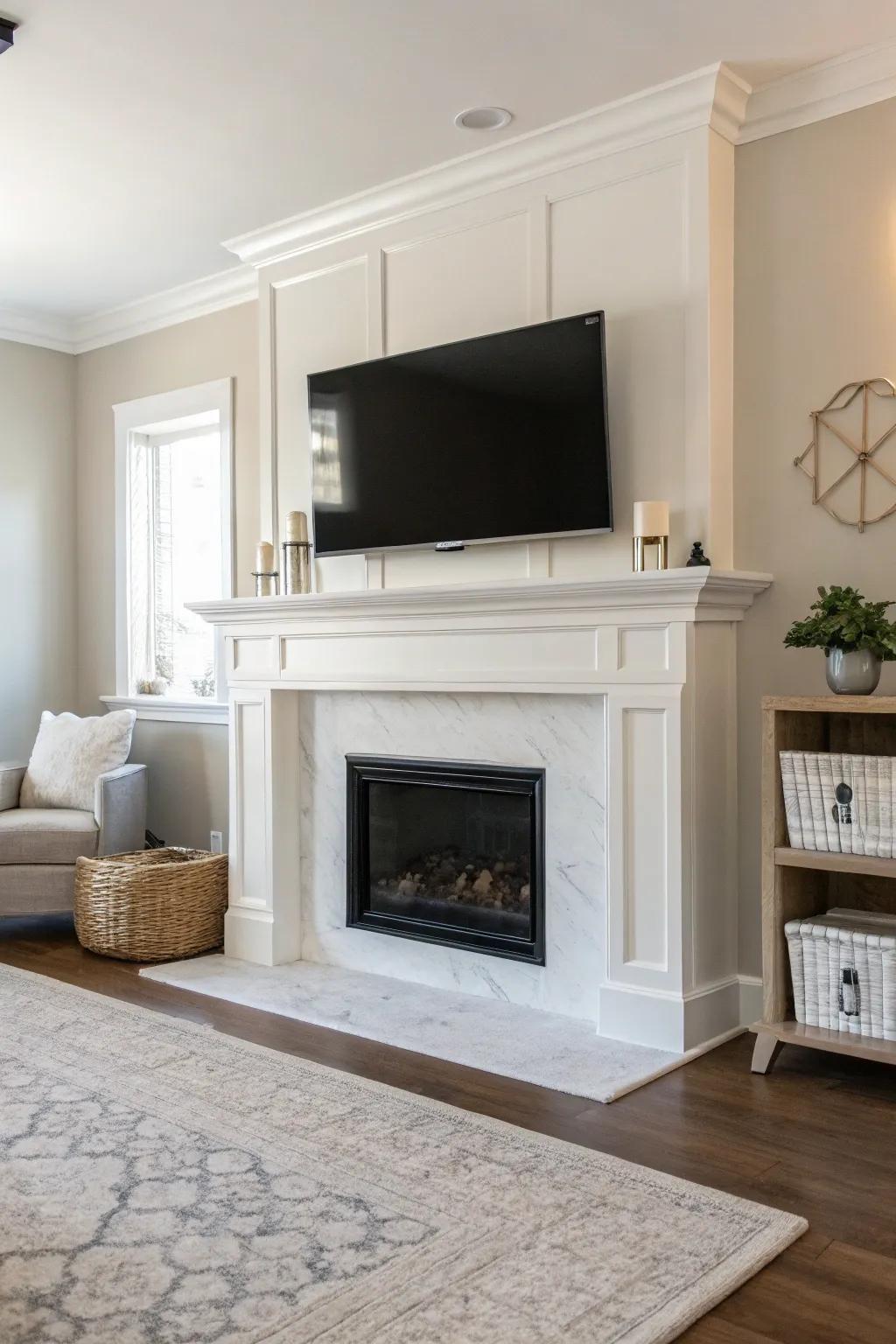 A minimalist living space featuring a white fireplace and TV display.
