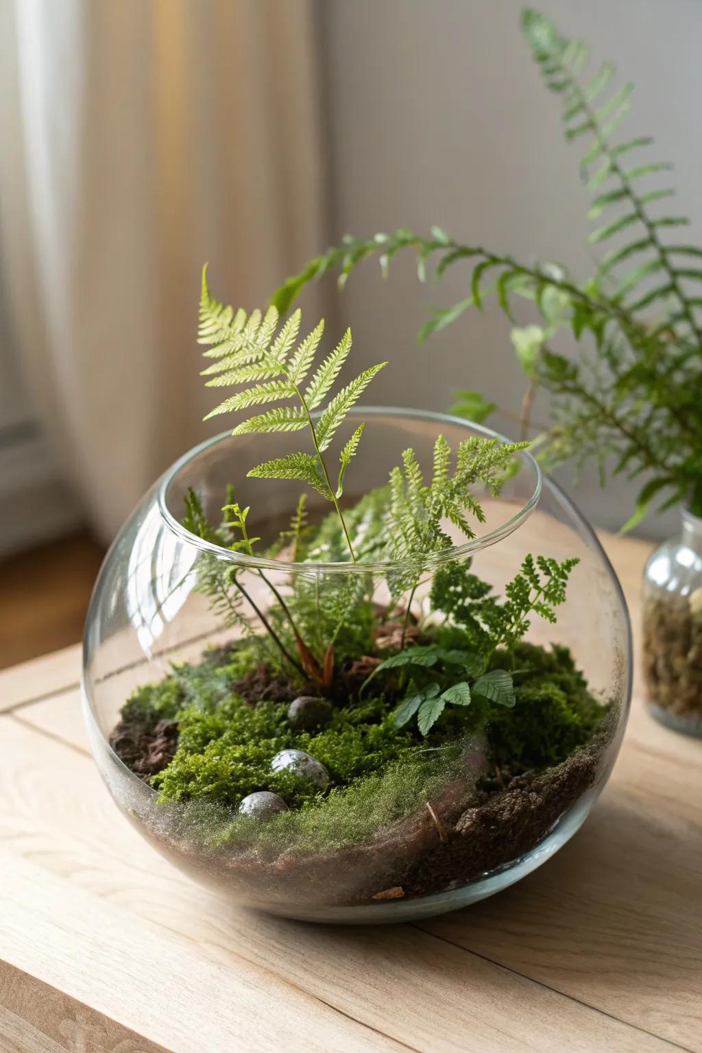 Step into your own miniature forest with this enchanting fish bowl terrarium.