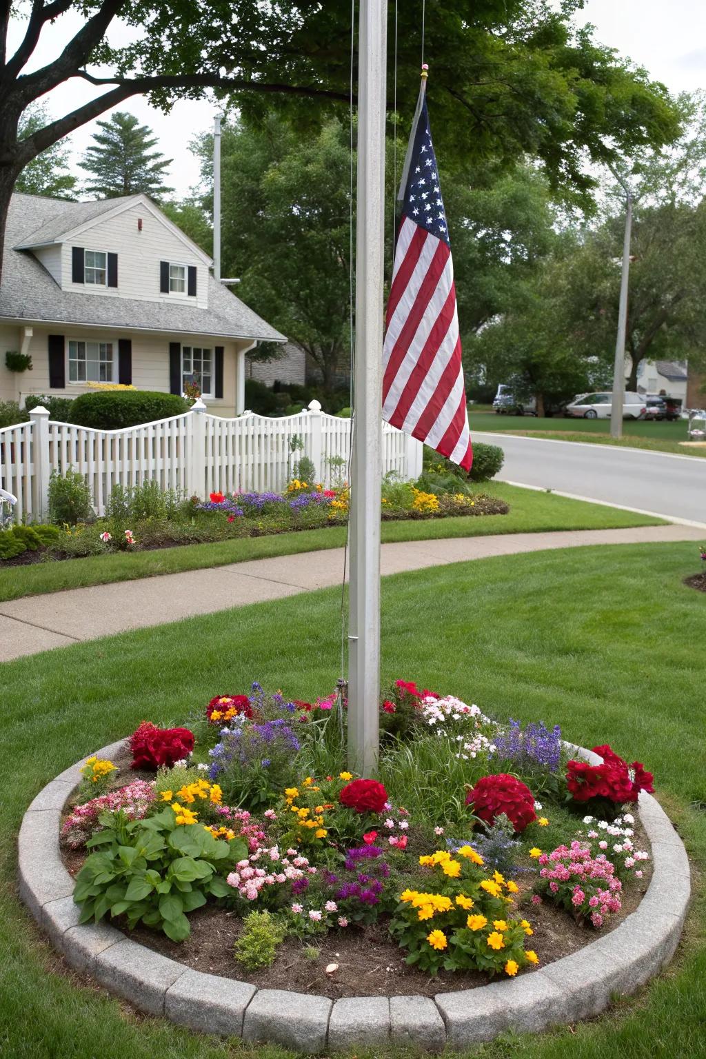 A circular flower bed arranged around a flagpole delivers a fascinating center of attention.