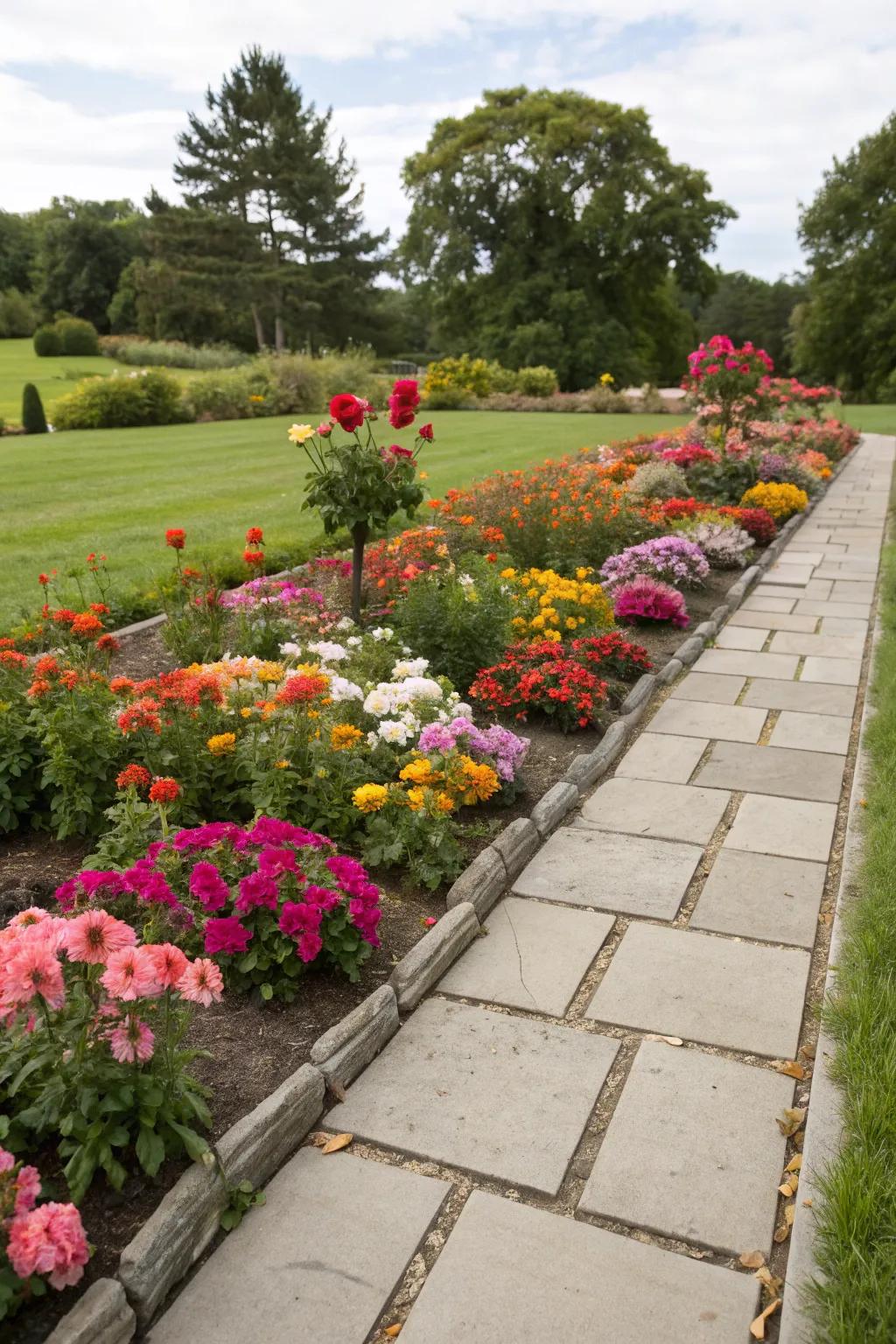 Flagstone borders provide a classic touch to flower beds.