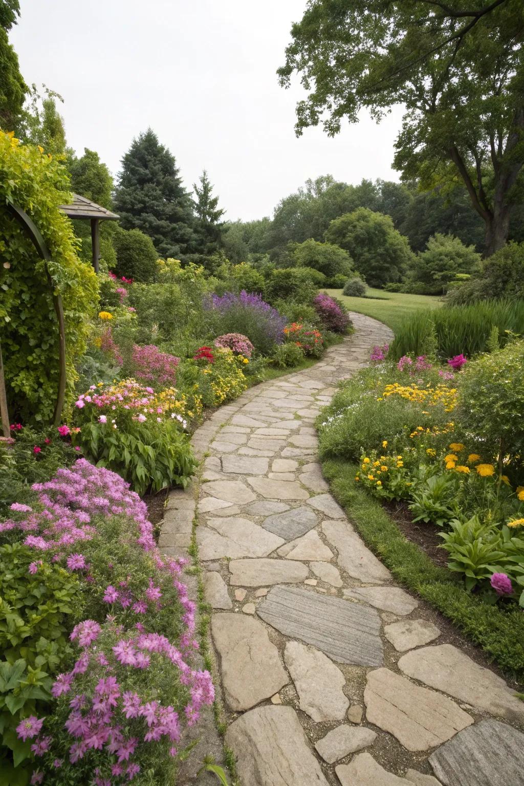 A winding flagstone walkway through a vibrant flower garden.