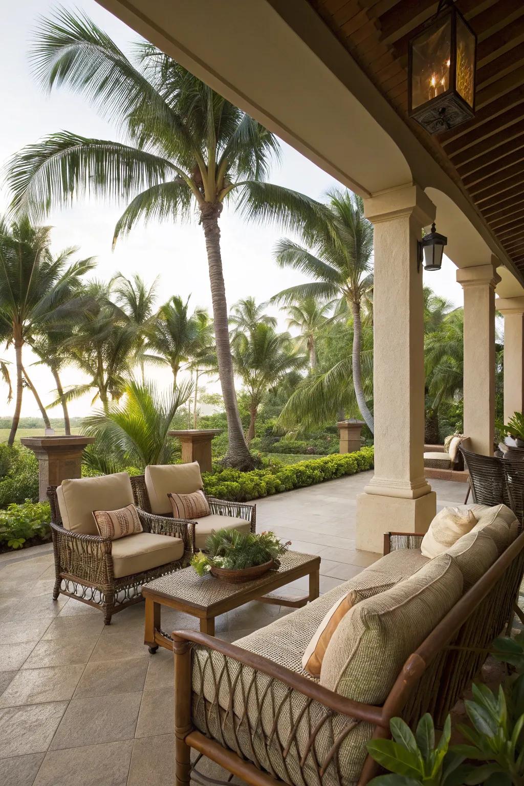 Create a relaxing retreat with plush seating and tropical surroundings.