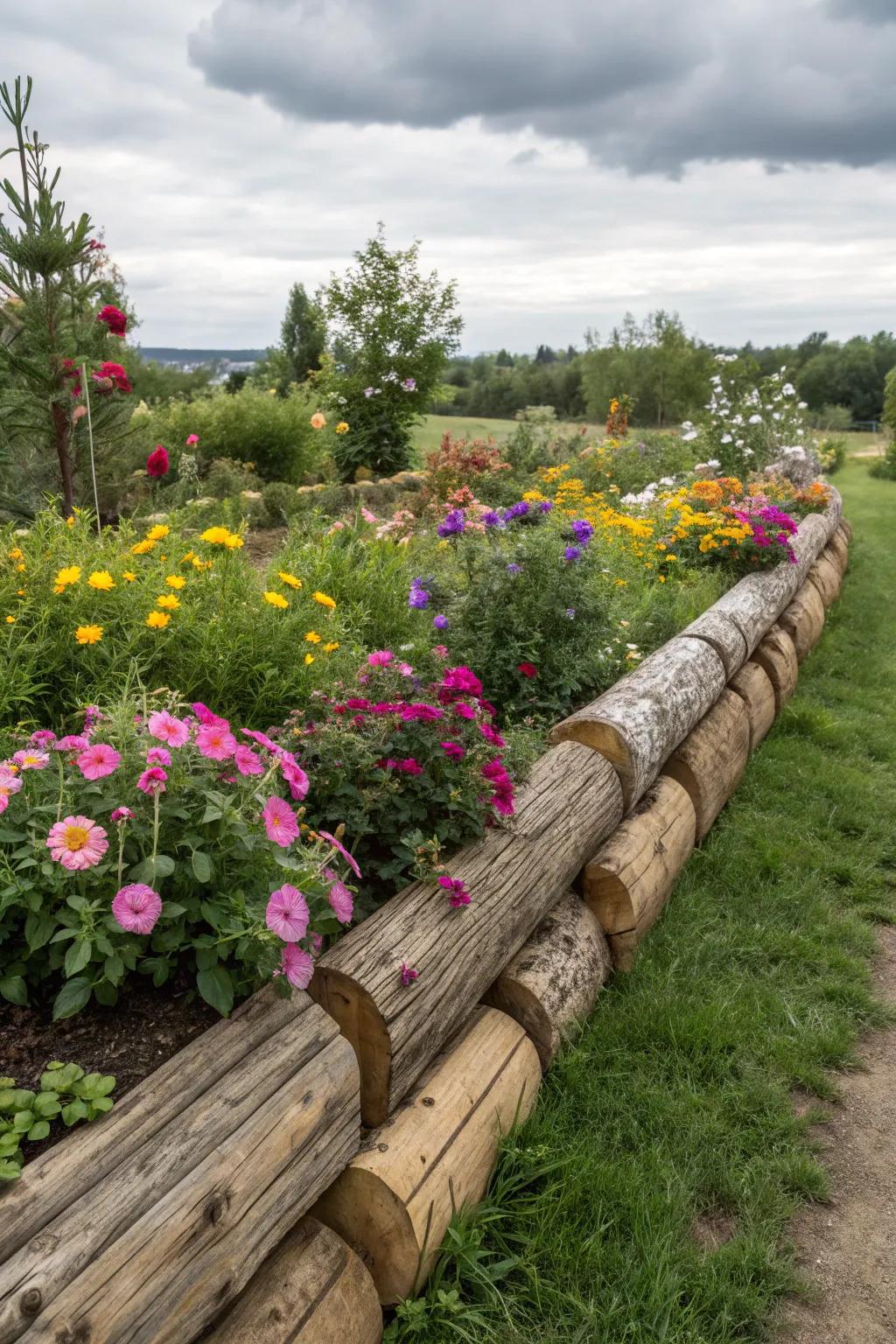 Wood logs fashion an enchanting and rustic flower bed border.