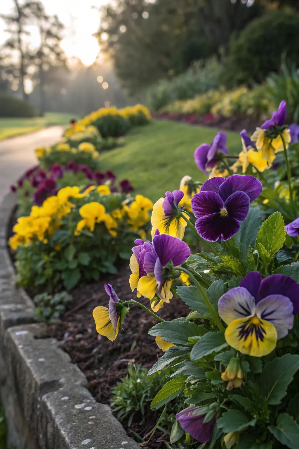 A striking flower border featuring bold purples paired with bright yellow blooms.