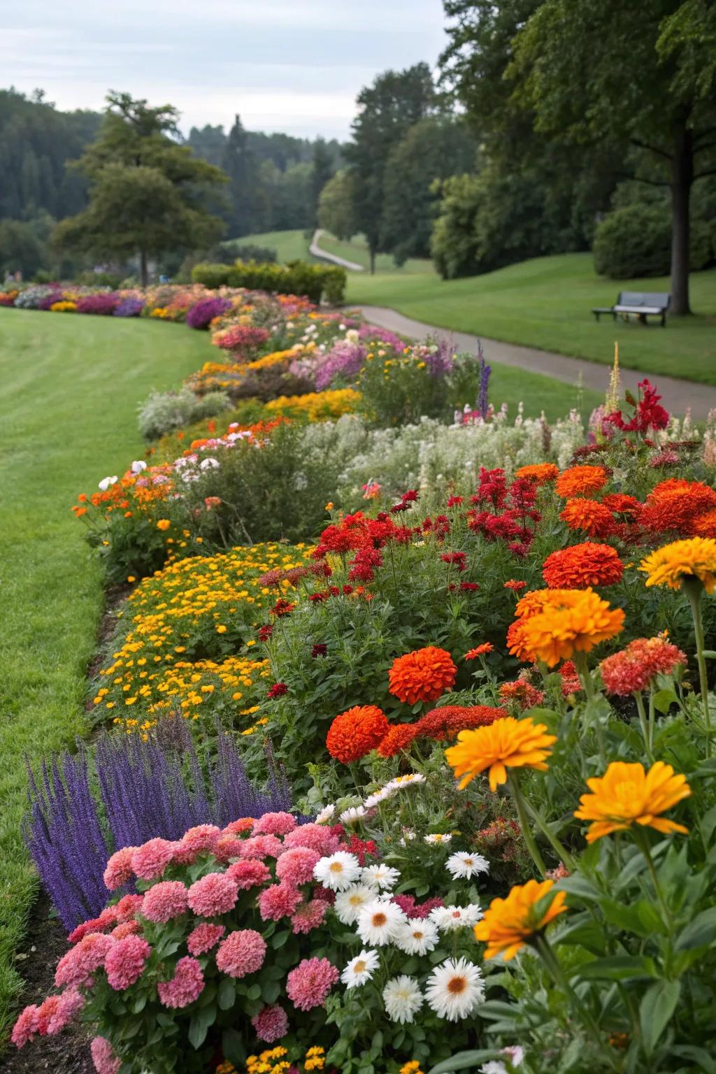 A vibrant flower bed overflowing with an array of colorful blossoms.