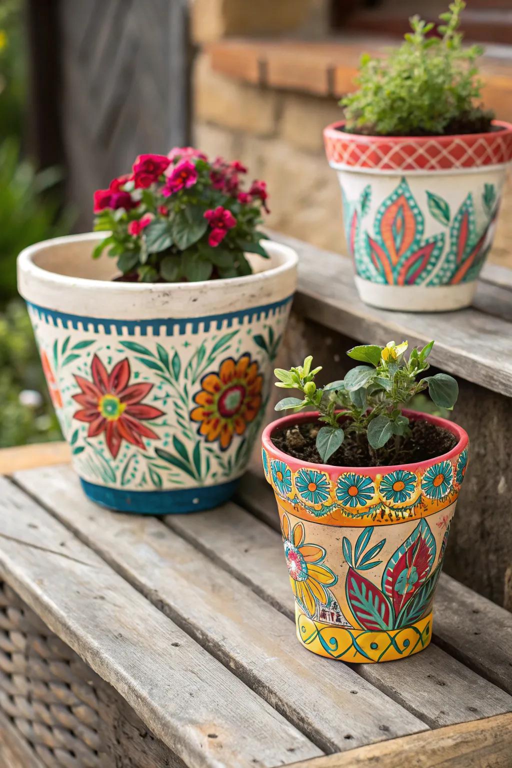 Hand-painted flower pots enhancing any environment with a burst of vibrancy.