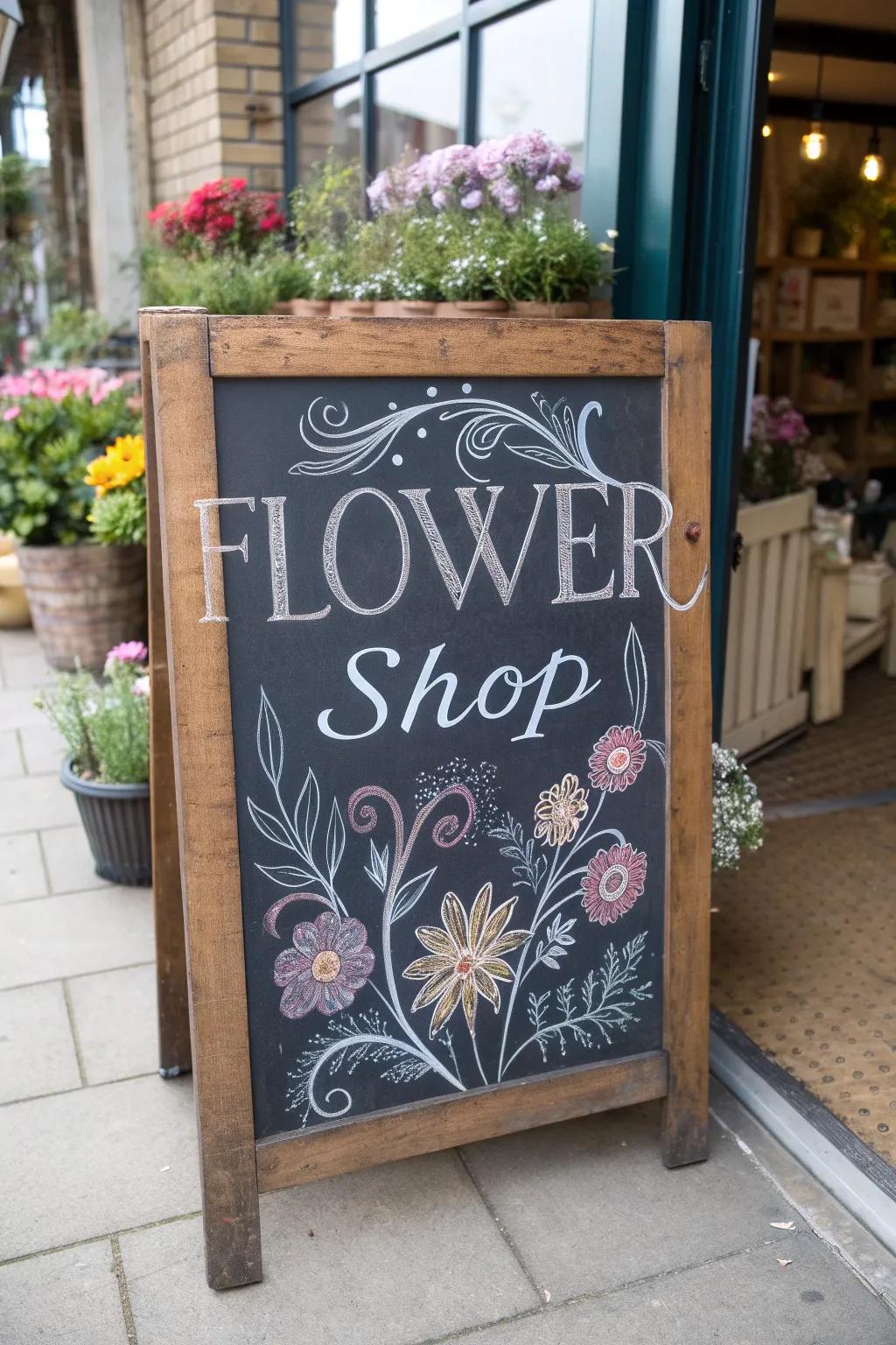 Alluring retro slate marker contributing a nostalgic vibe to the flower emporium