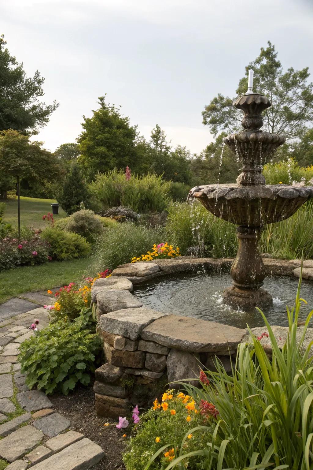 A natural stone fountain perfectly integrated into a garden landscape.