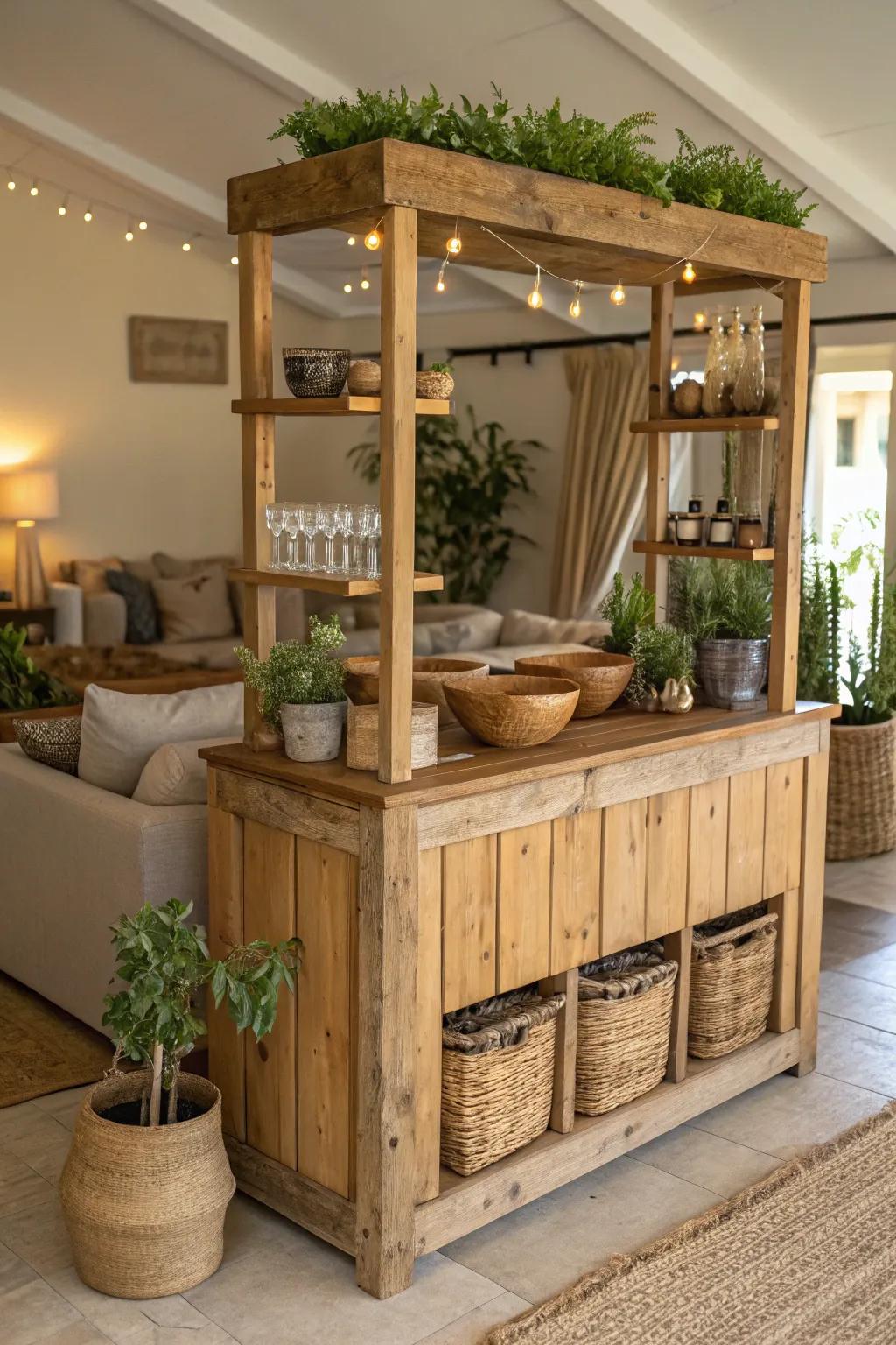 A rustic wooden bar that adds warmth and charm to any space.