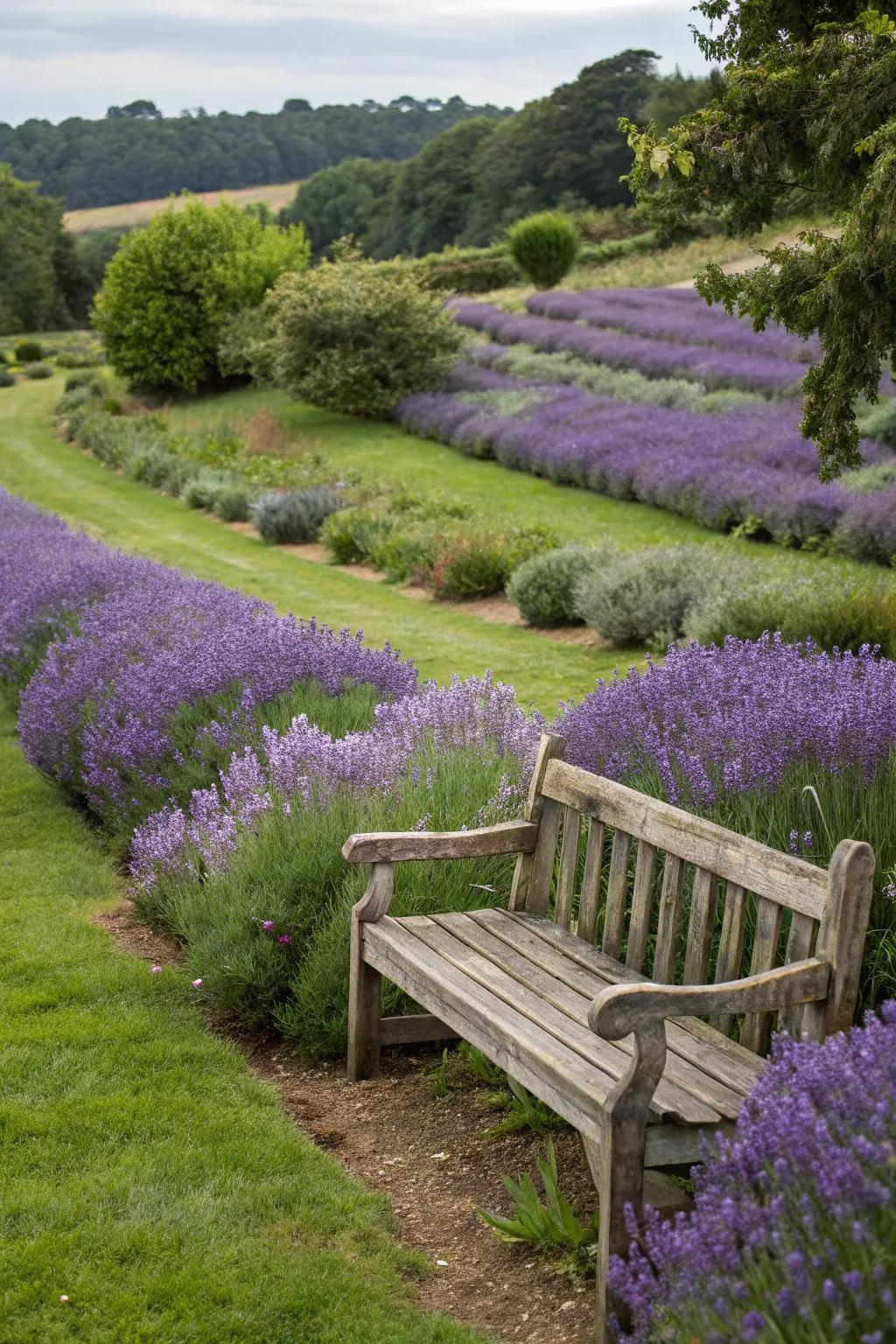 A delightful nook adorned with lavender rows, creating a serene sanctuary.