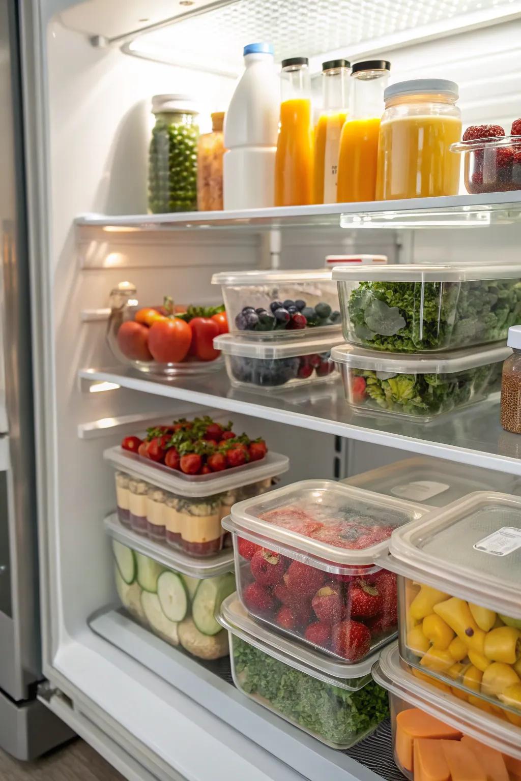 Clear containers neatly arranged on refrigerator shelves.