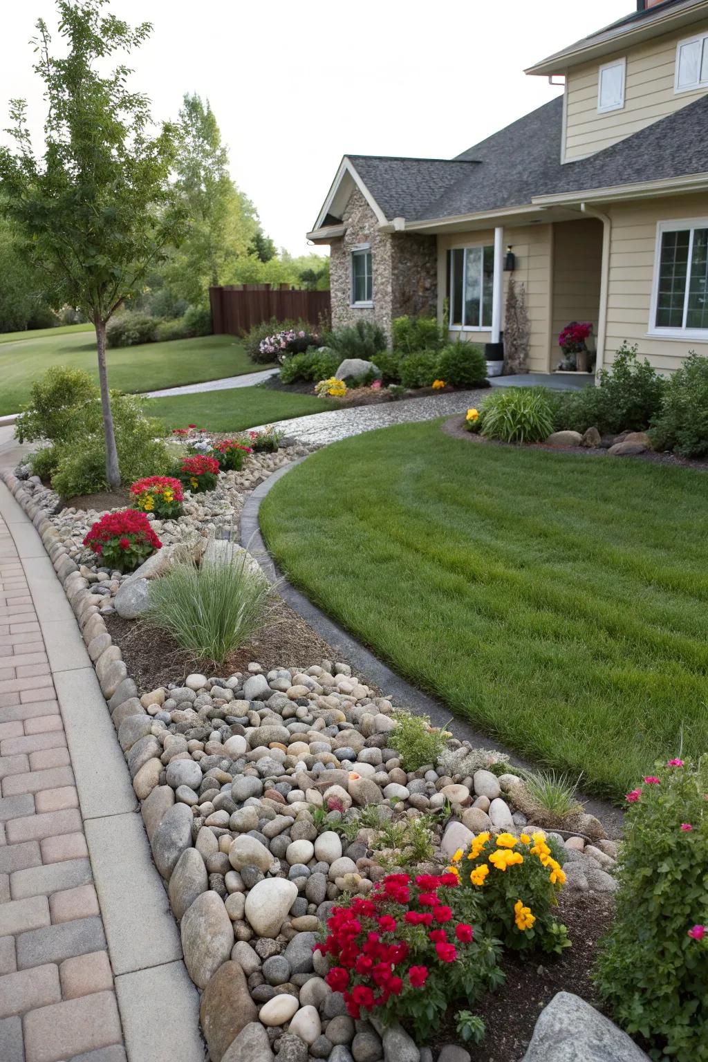 Borders crafted with river rock enhance and beautify any garden.