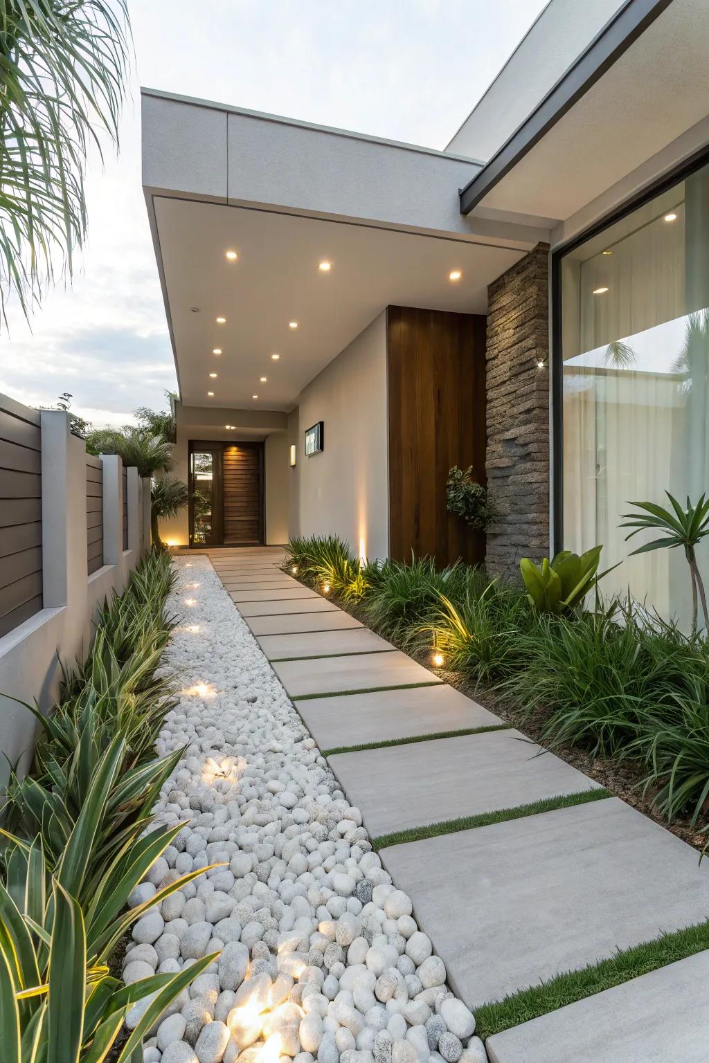Create an inviting entrance with a white rock border.